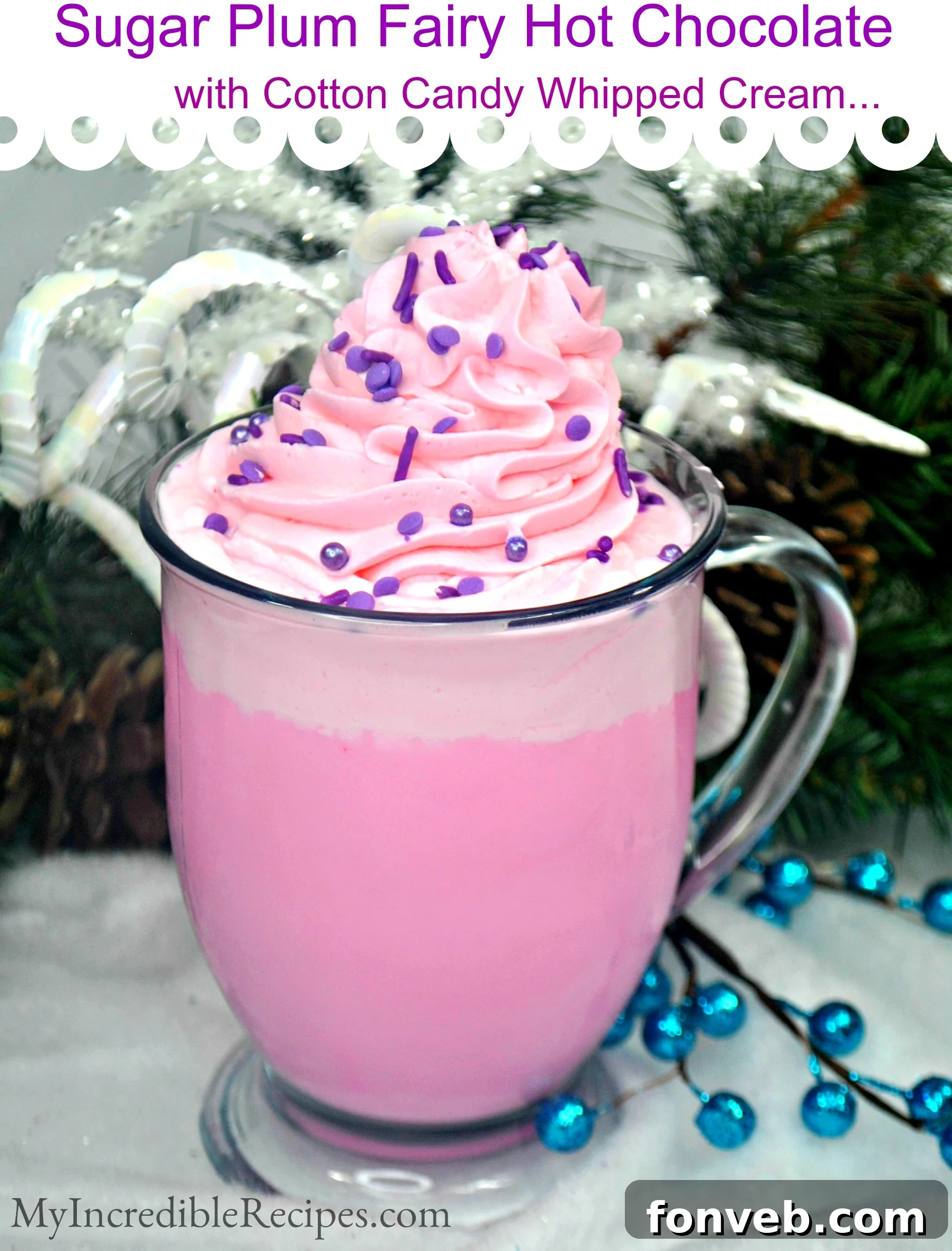 Enchanting Sugar Plum White Hot Chocolate with Cotton Candy Whipped Cream, topped with purple sprinkles and a whimsical vibe.