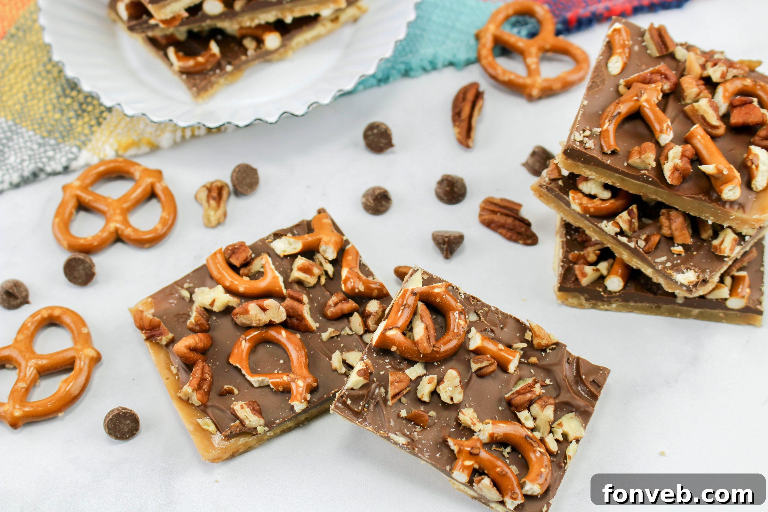Another beautiful shot of Saltine Cracker Toffee, emphasizing the crisp edges and appealing texture of the toppings.