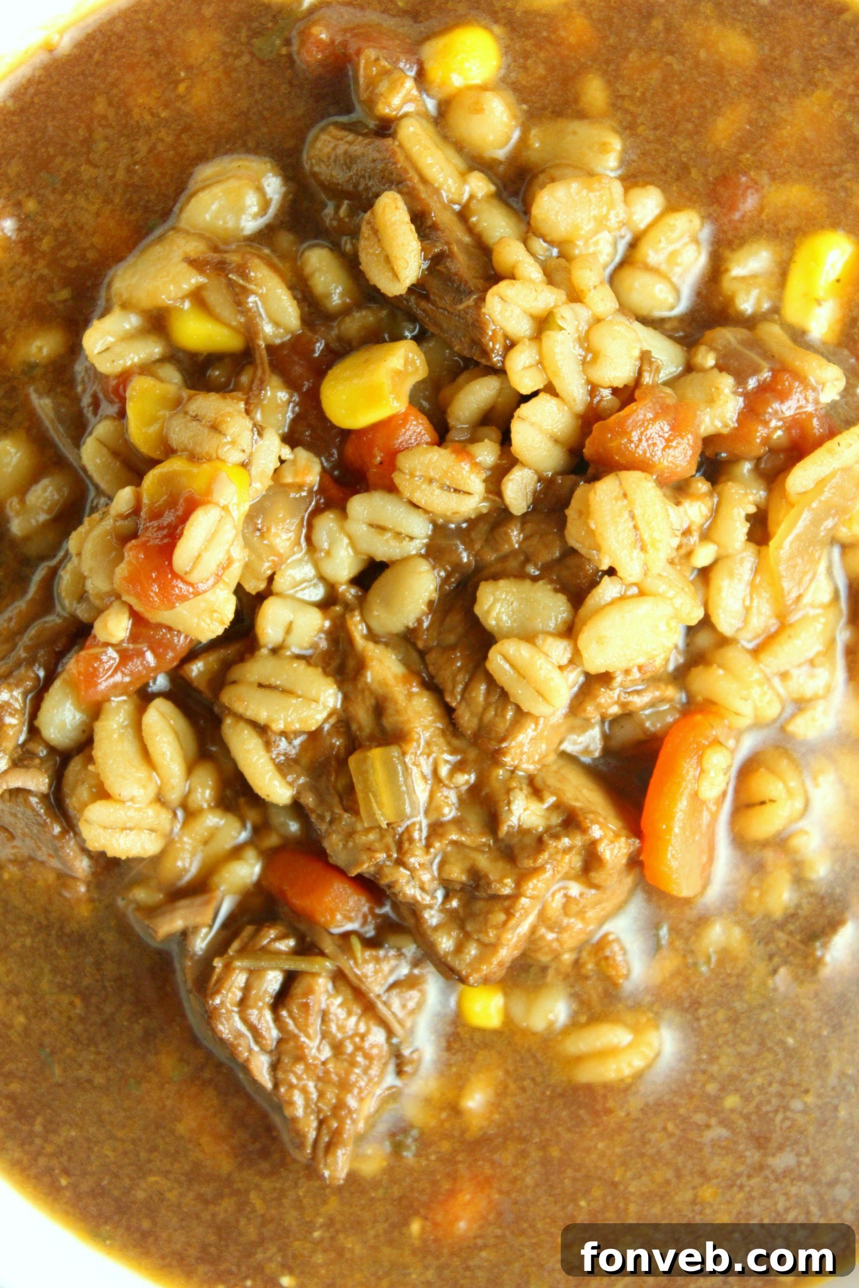 Hearty Slow Cooker Beef and Barley Soup 4 A steaming bowl of beef and barley soup with a rustic spoon, emphasizing warmth.