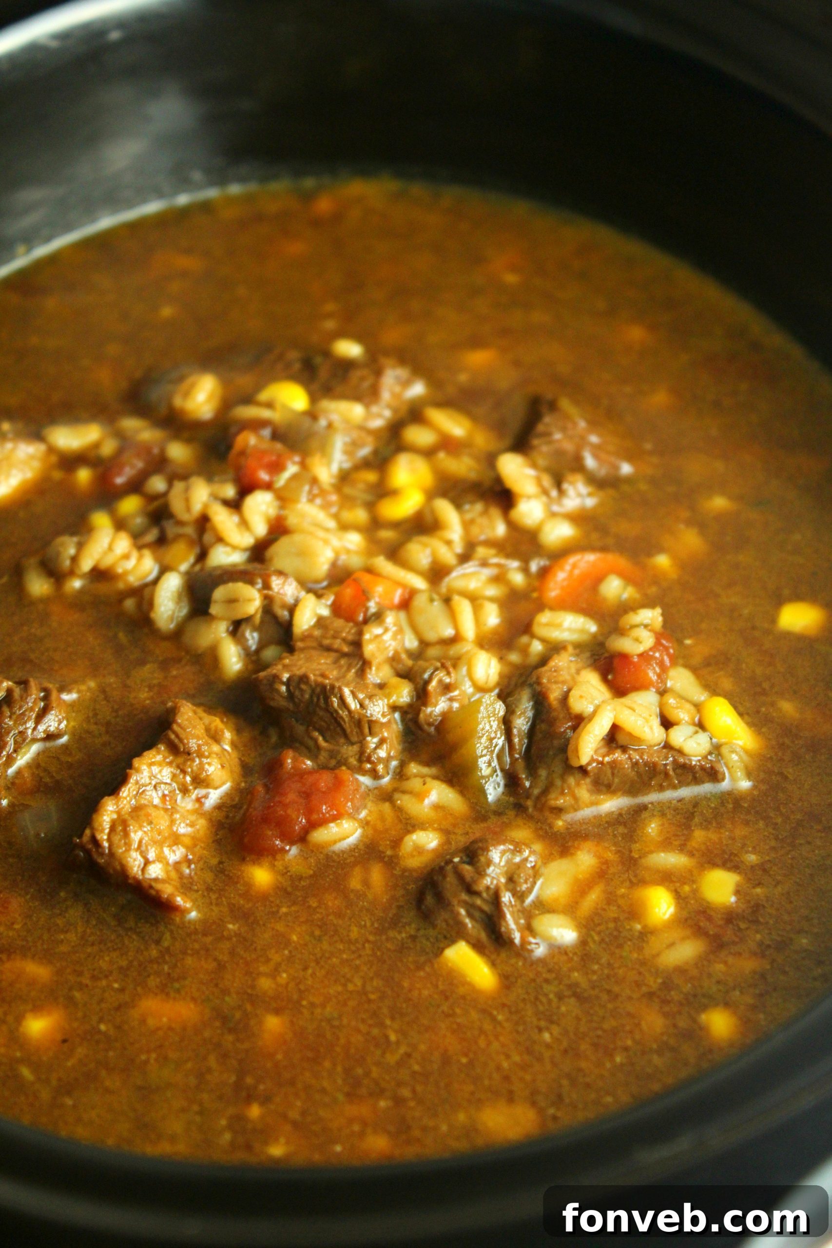 Hearty Slow Cooker Beef and Barley Soup 6 Raw beef roast, cubed and ready for searing, a key step in this recipe.