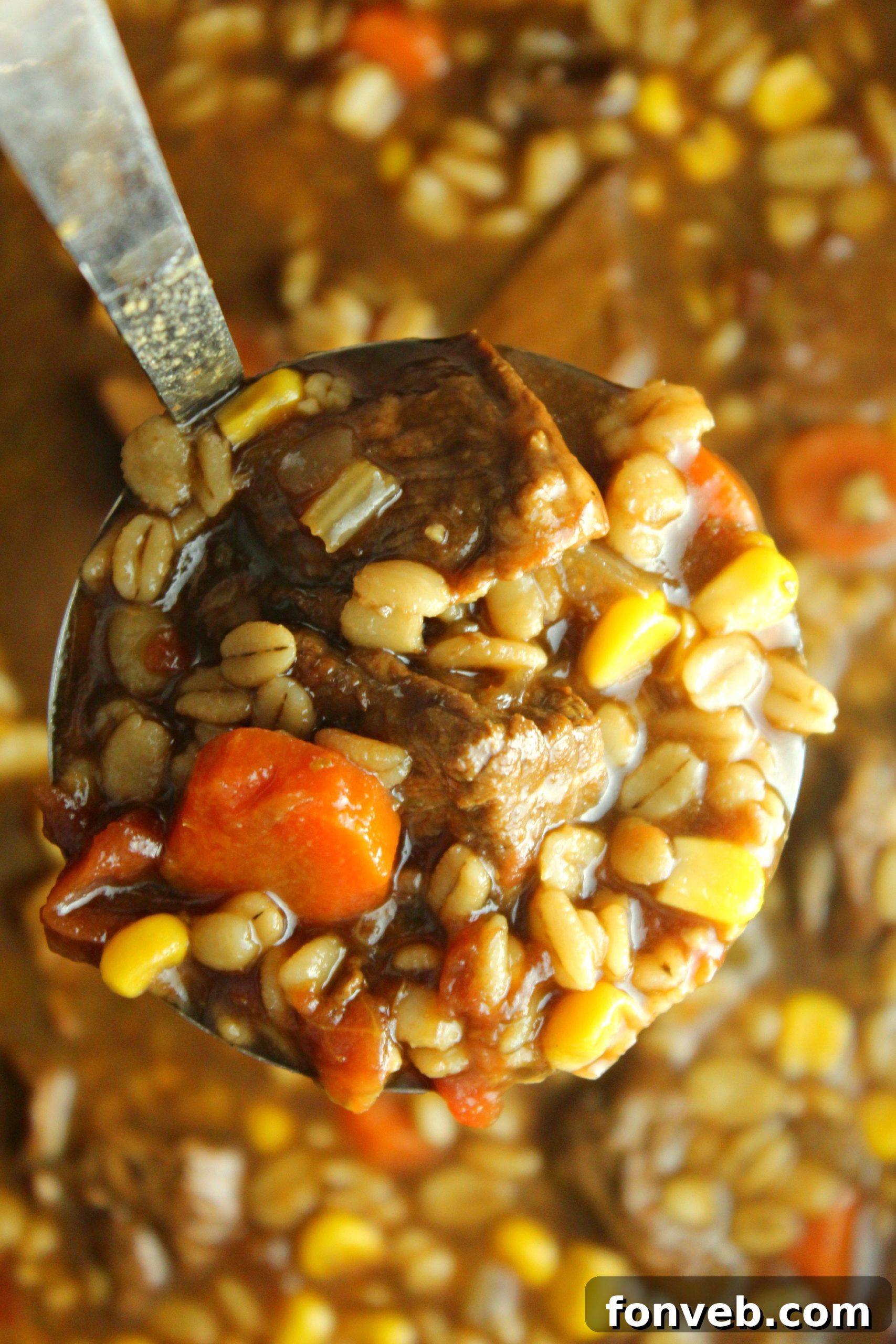 Hearty Slow Cooker Beef and Barley Soup 8 A large pot of slow cooker beef and barley soup, ready for portioning and serving.