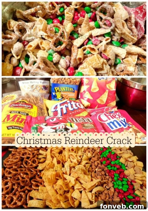 Yuletide Reindeer Rush 5 Melted white chocolate being drizzled over the snack mix for Reindeer Crack