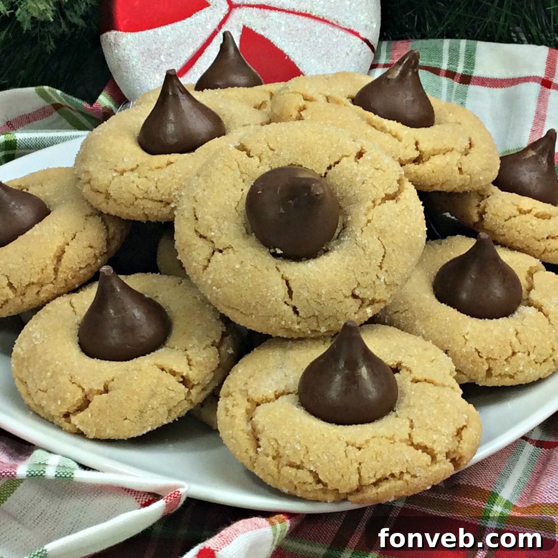 A delicious Peanut Butter Blossom Cookie with a bite taken out, showing the soft interior and the melted chocolate.