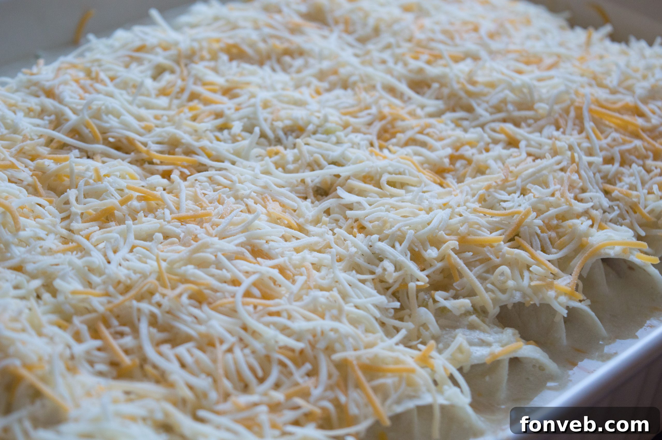 Close-up of a single creamy white chicken enchilada, showcasing the melted cheese and tender chicken filling.