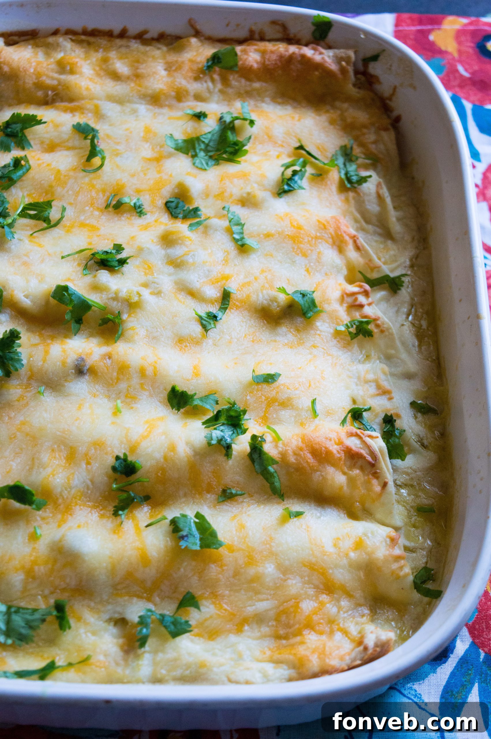 An appetizing close-up of a pan of white chicken enchiladas, showing the rich, bubbly sauce.
