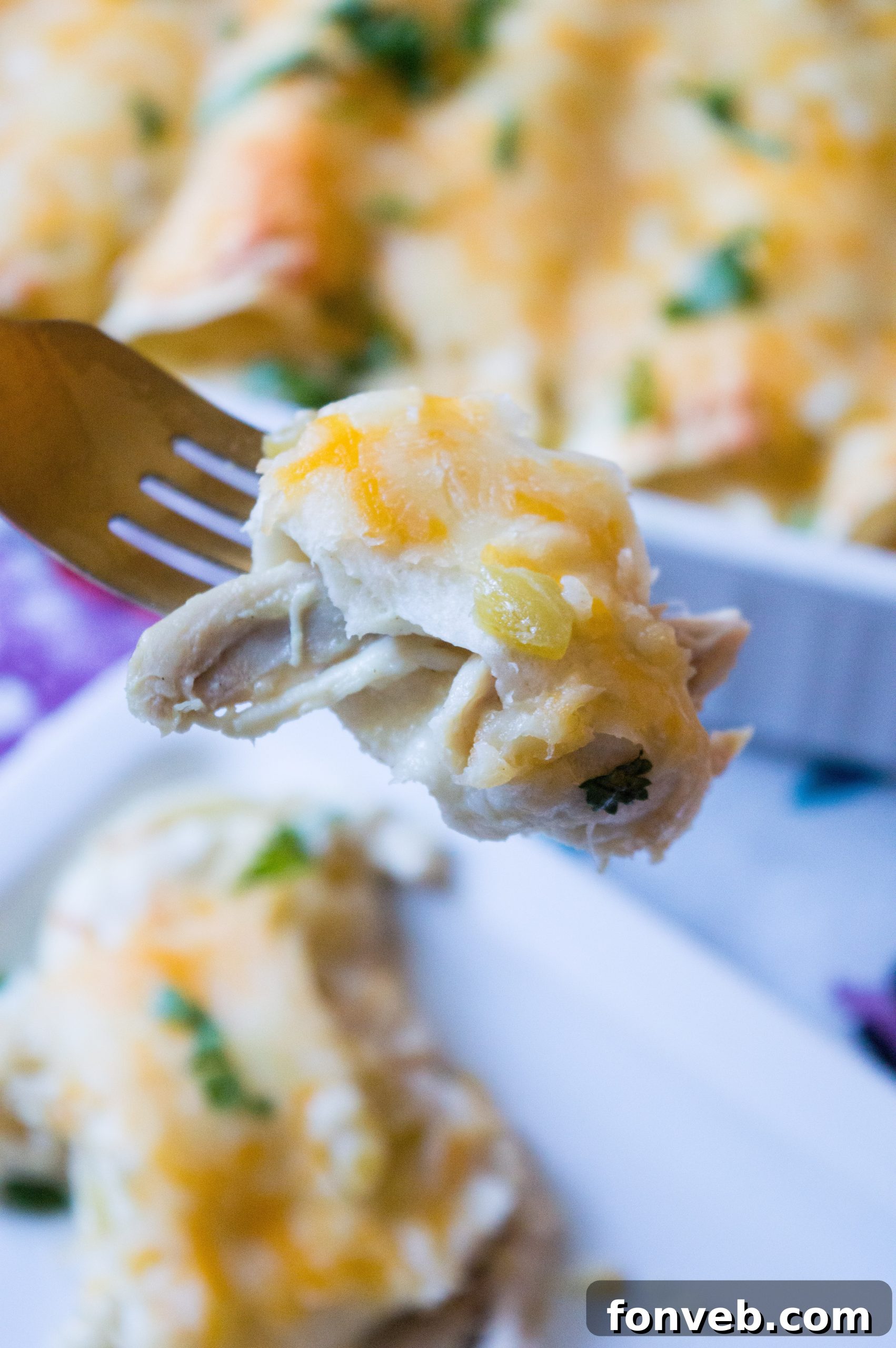 A close-up shot of the enchiladas in the baking dish, just before going into the oven, covered with white shredded cheese.