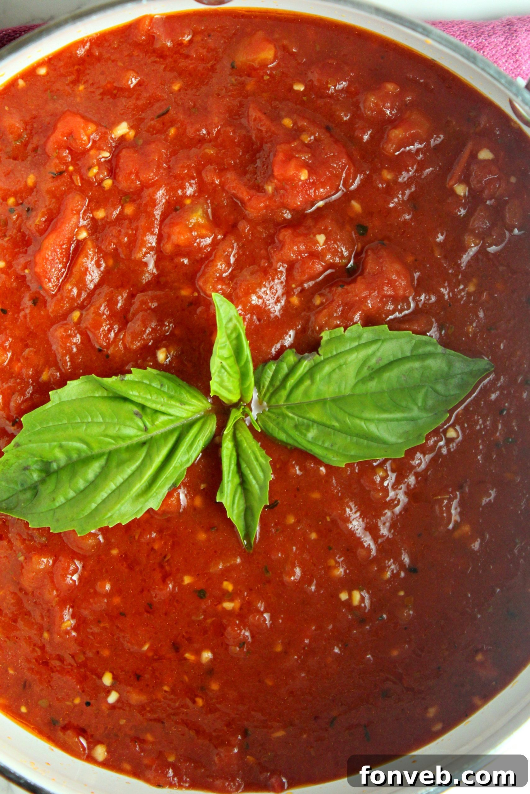 Fresh basil leaves artfully placed atop a serving of homemade Italian tomato sauce, ready for garnishing.