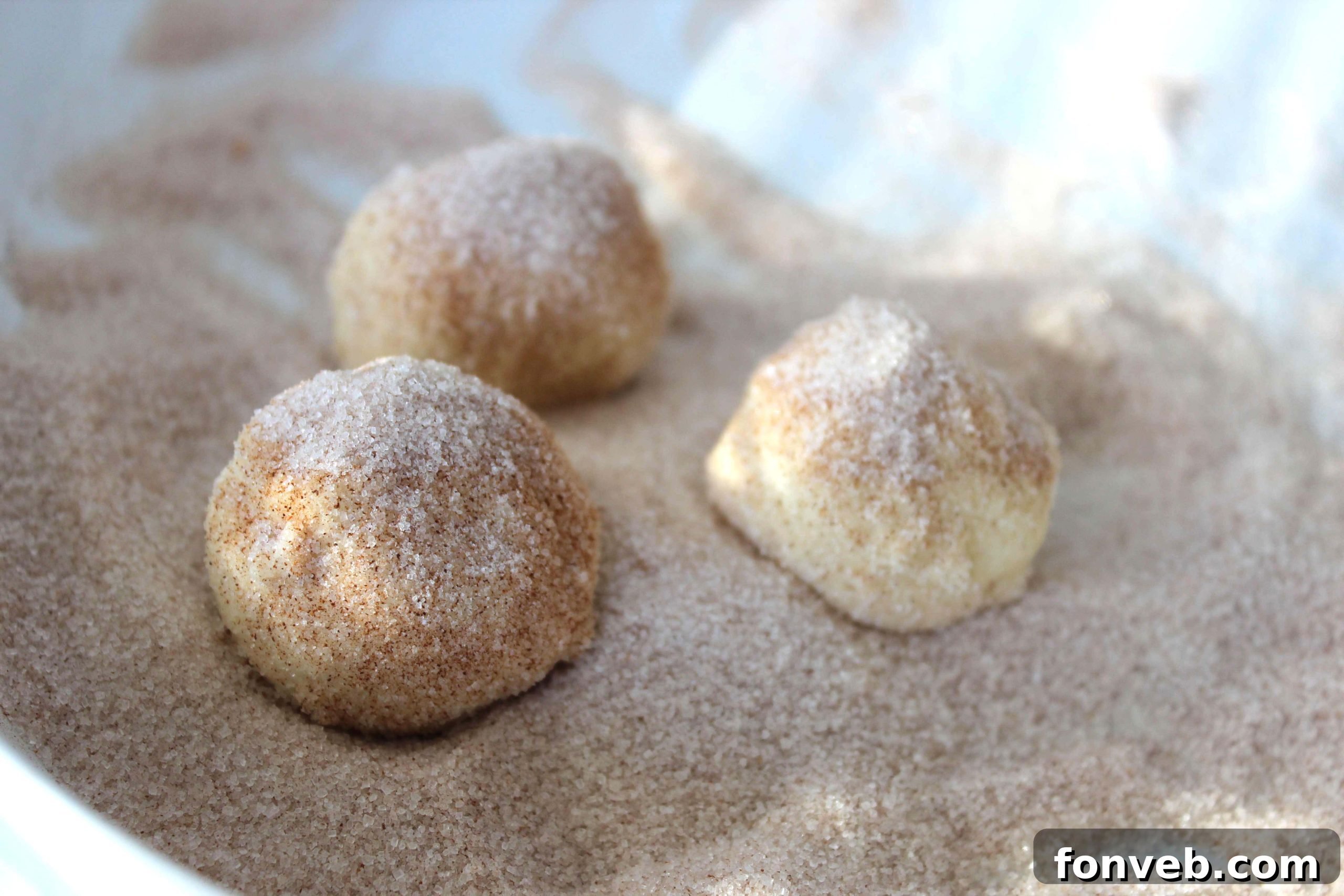 Close-up of snickerdoodle cookie dough being rolled into perfect balls and coated generously with cinnamon sugar, ready for baking.