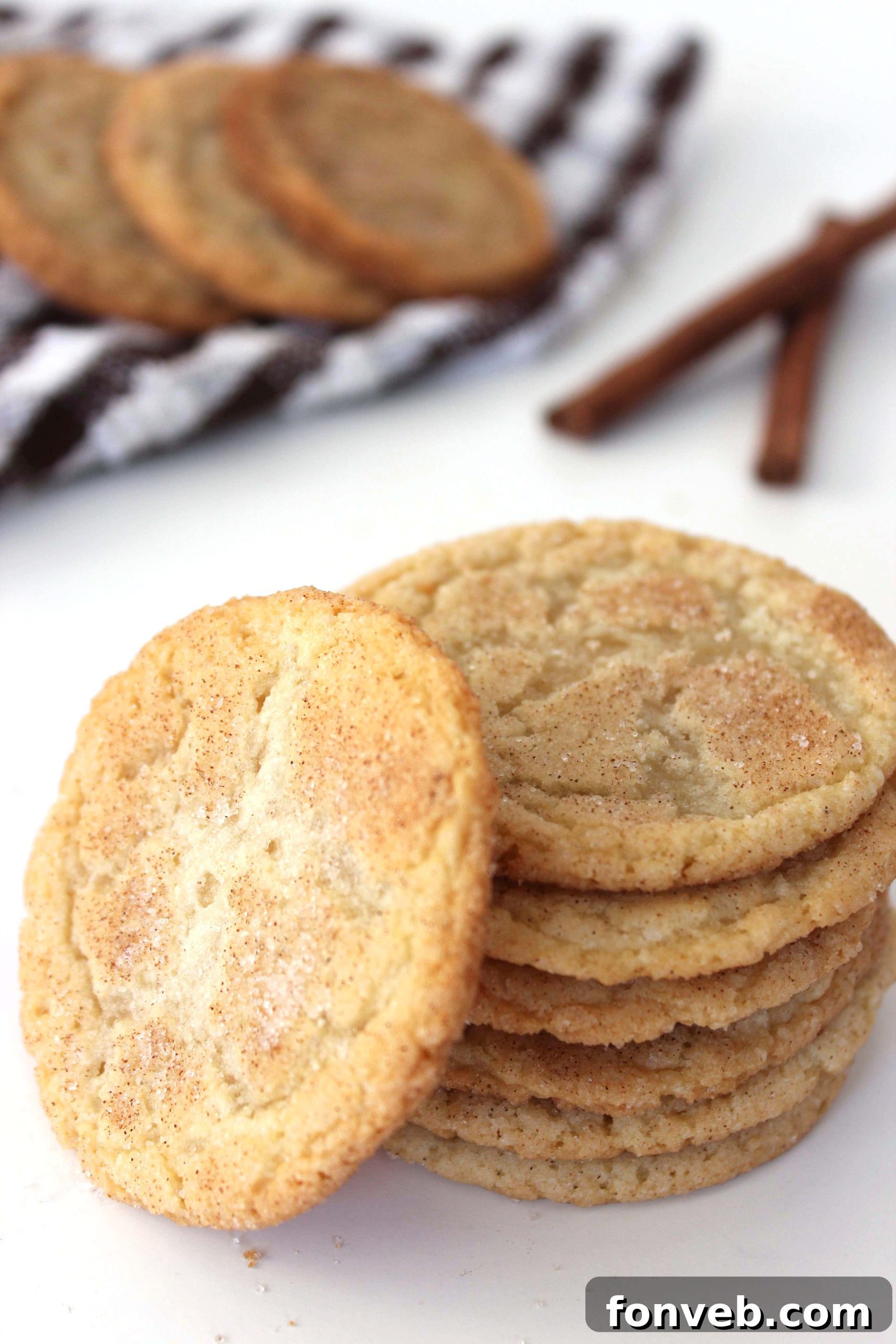 A stack of golden, perfectly baked snickerdoodle cookies showcasing their enticing cinnamon-sugar coating and soft texture.