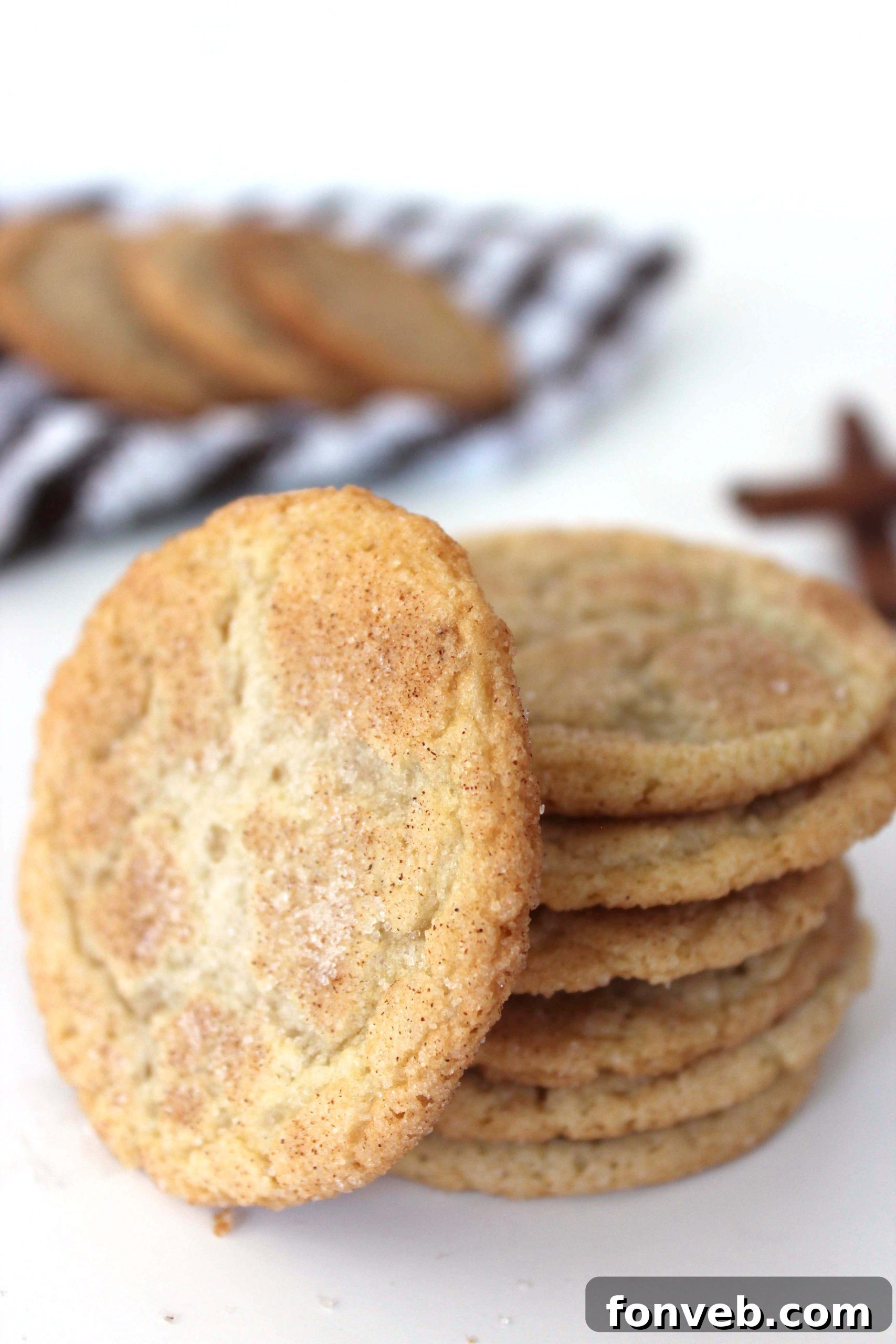 A mouth-watering close-up of a stack of Snickerdoodle cookies, featuring their soft, crinkled texture and generous cinnamon-sugar coating.