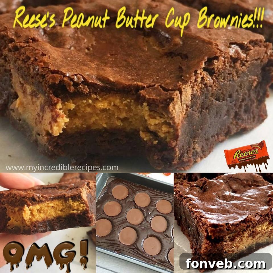 Close-up of freshly baked Reese's Peanut Butter Cup Brownies, showcasing the fudgy texture and embedded peanut butter cups.