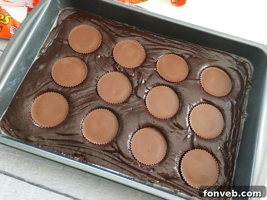 A selection of Reese's Peanut Butter Cup Brownies arranged on a platter, ready for serving at a gathering.