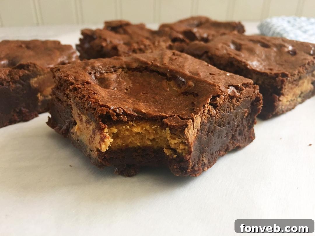 Extreme close-up of the cross-section of a Reese's Peanut Butter Cup Brownie, highlighting its ultra-fudgy texture and embedded candy.