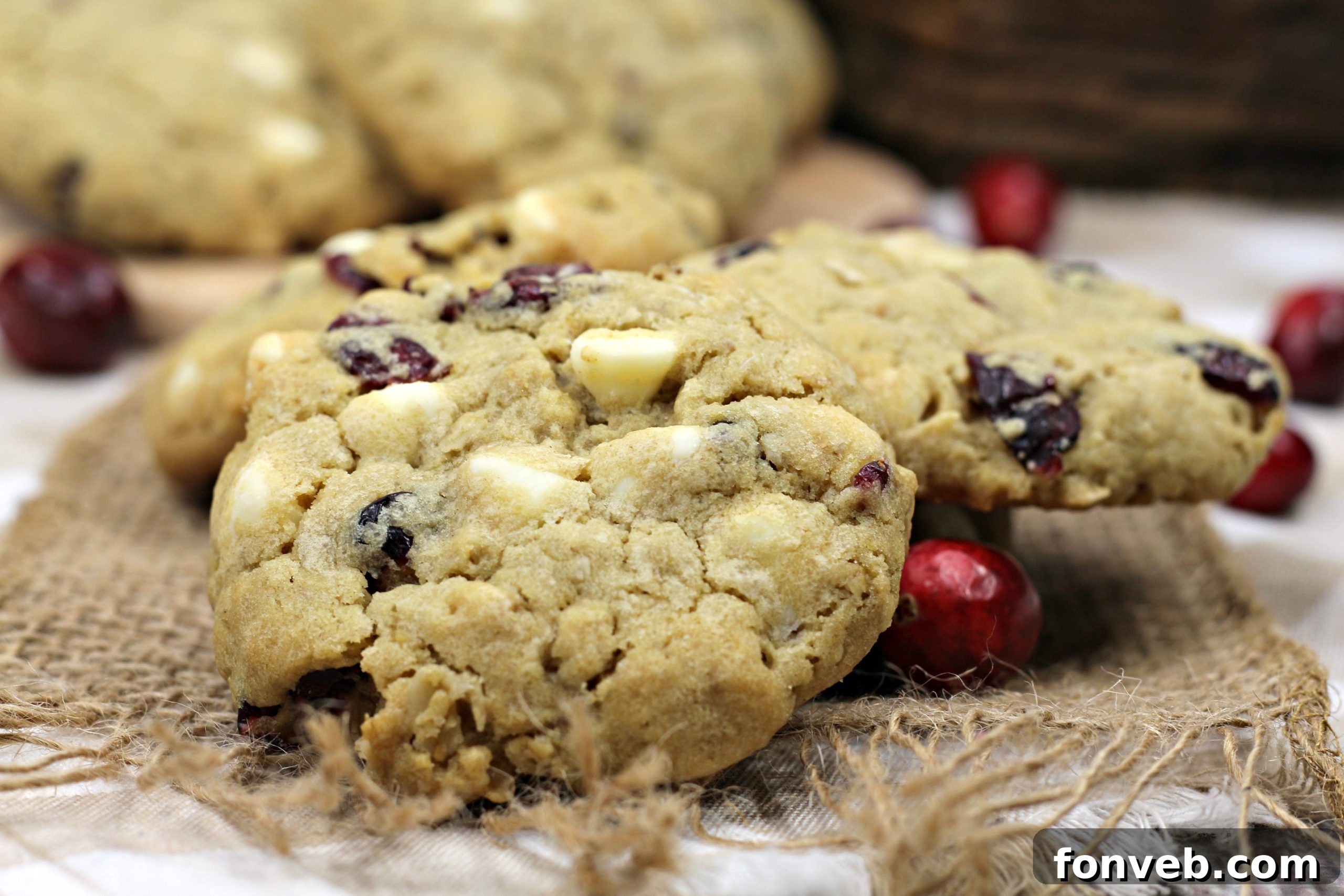 Several Cranberry White Chocolate Oatmeal Cookies artfully arranged on a white plate, ready to be enjoyed.