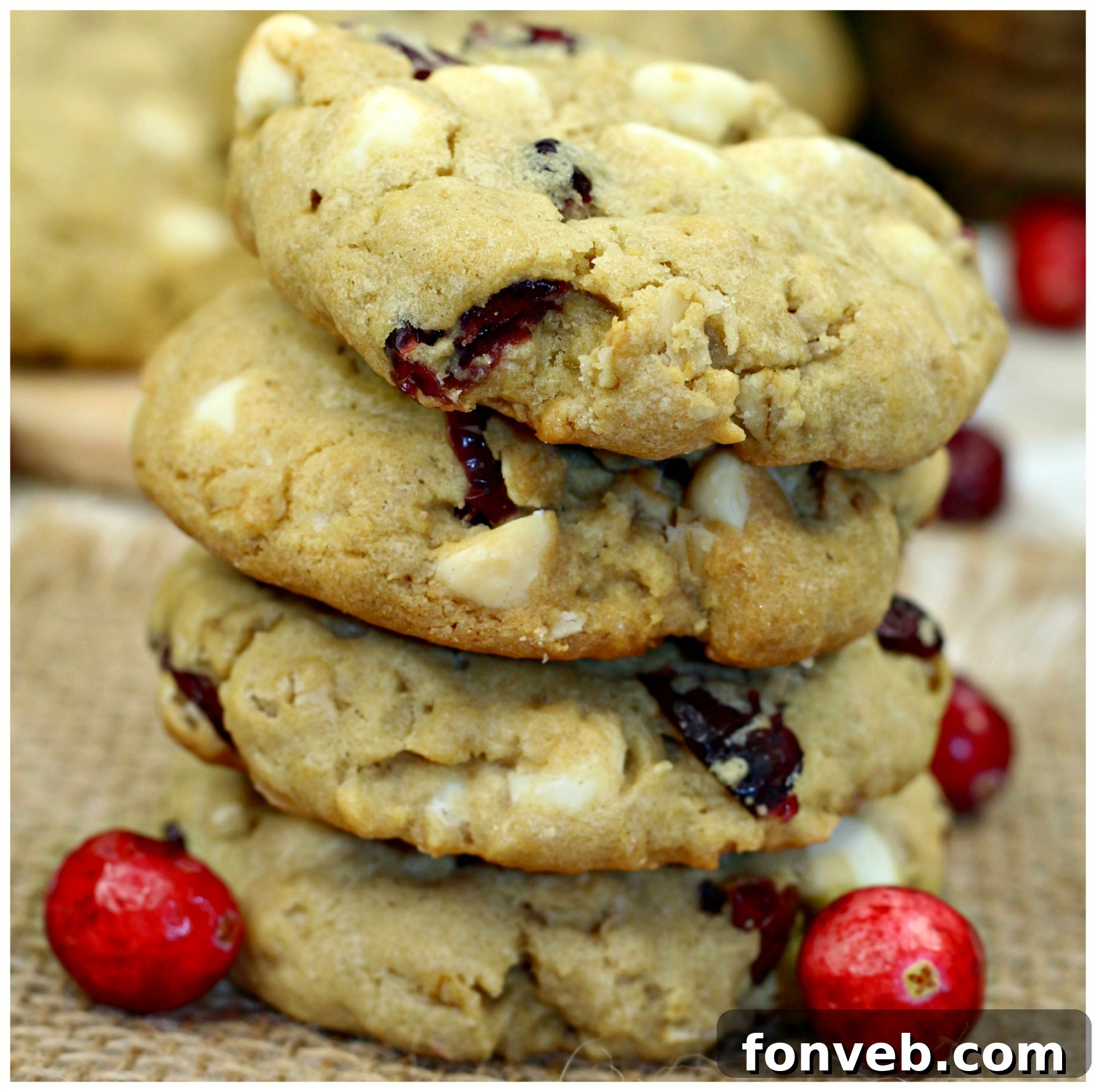 A close-up of a single Cranberry White Chocolate Oatmeal Cookie on a wooden surface, showing its soft interior.