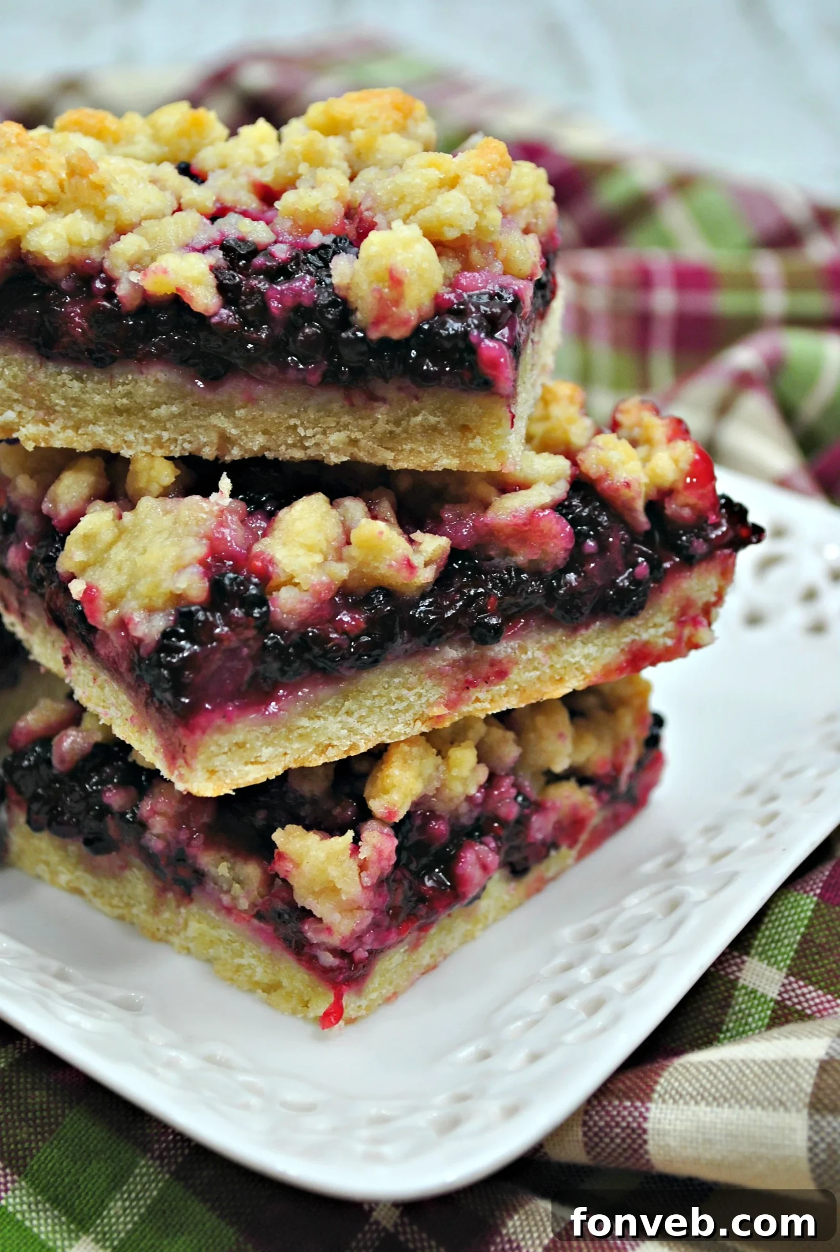 Jammy Blackberry Crumble Slices 2 Delicious Blackberry Pie Crumble Bars, golden-brown top with visible juicy blackberry filling.
