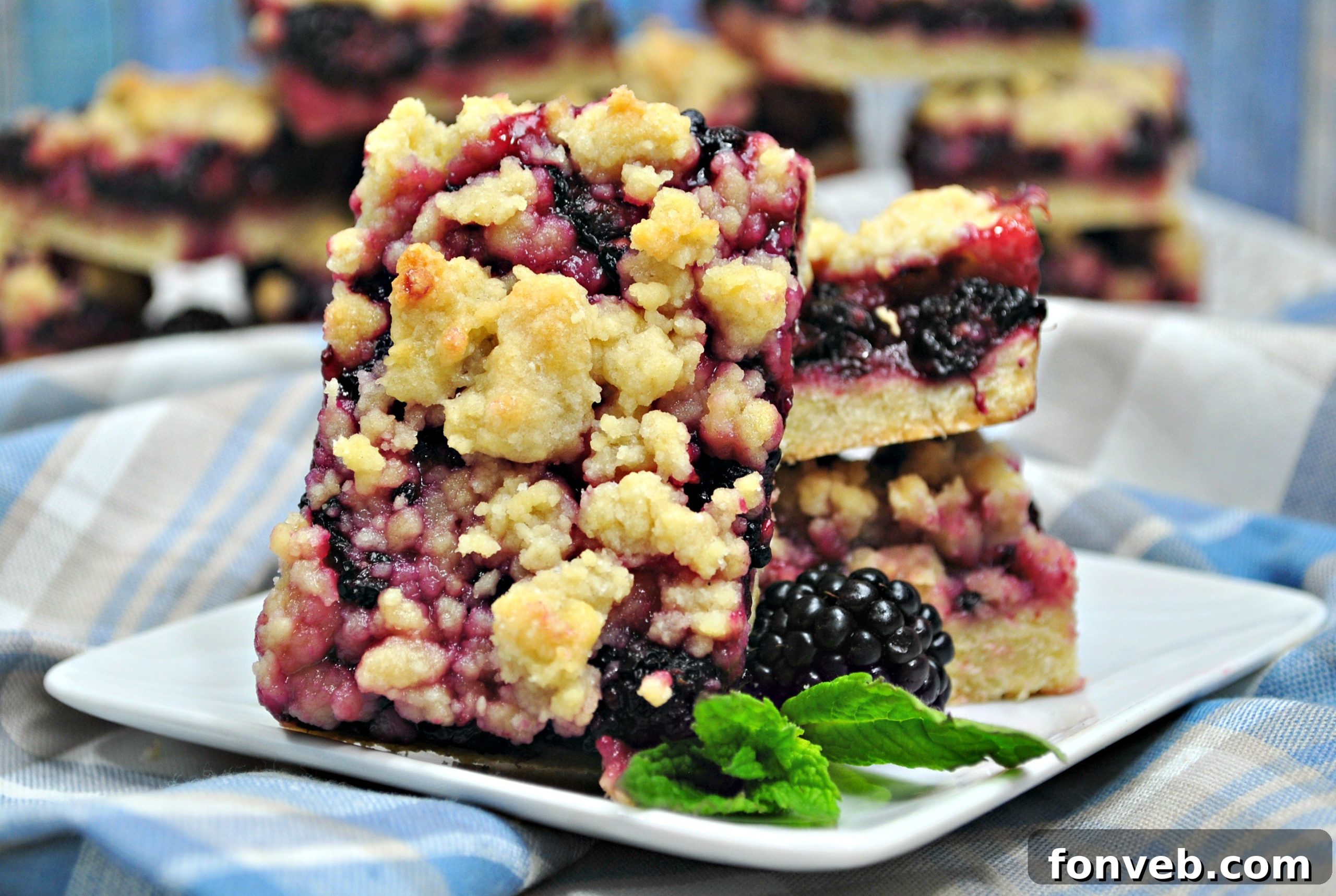 Jammy Blackberry Crumble Slices 3 Close-up of Blackberry Pie Crumble Bars, showcasing the thick, crumbly topping.