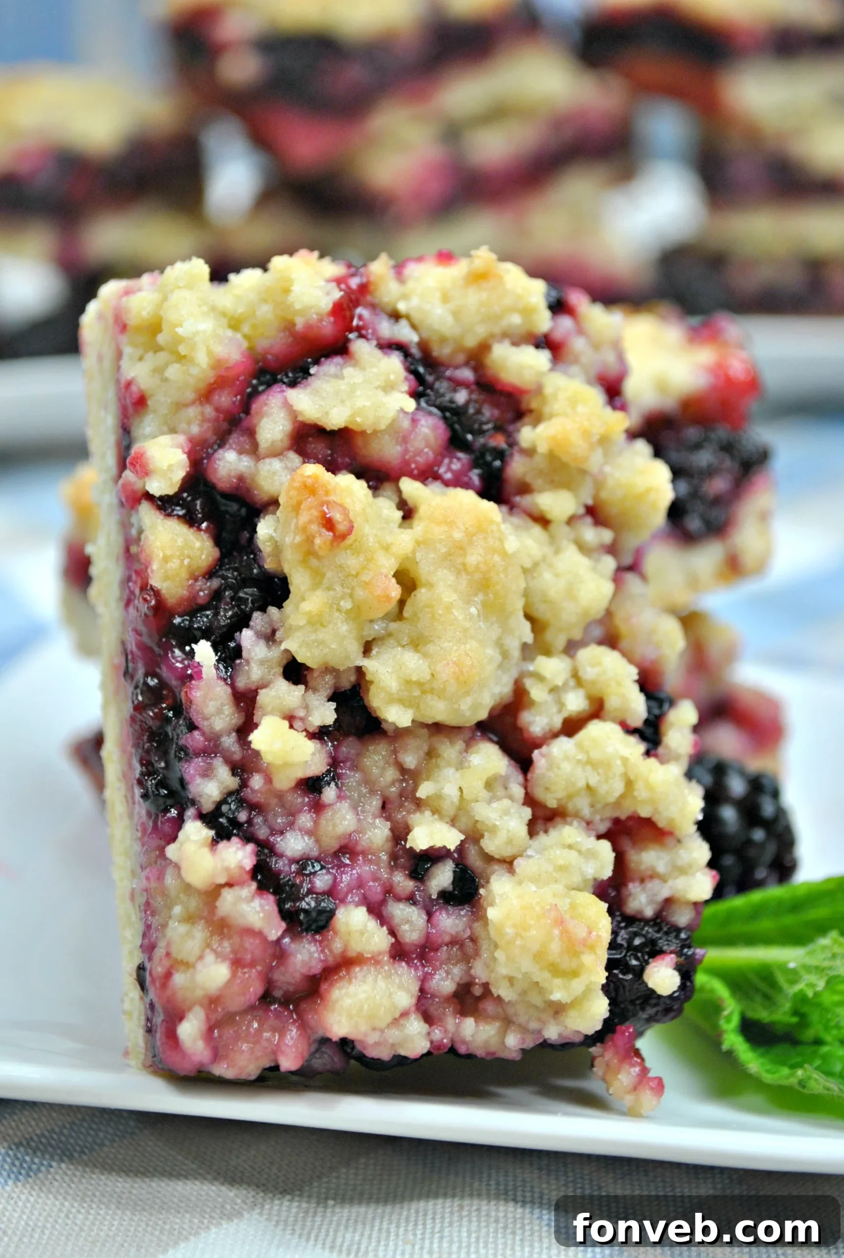 Jammy Blackberry Crumble Slices 5 A close-up shot of a single Blackberry Pie Crumble Bar being held, showing the layers.