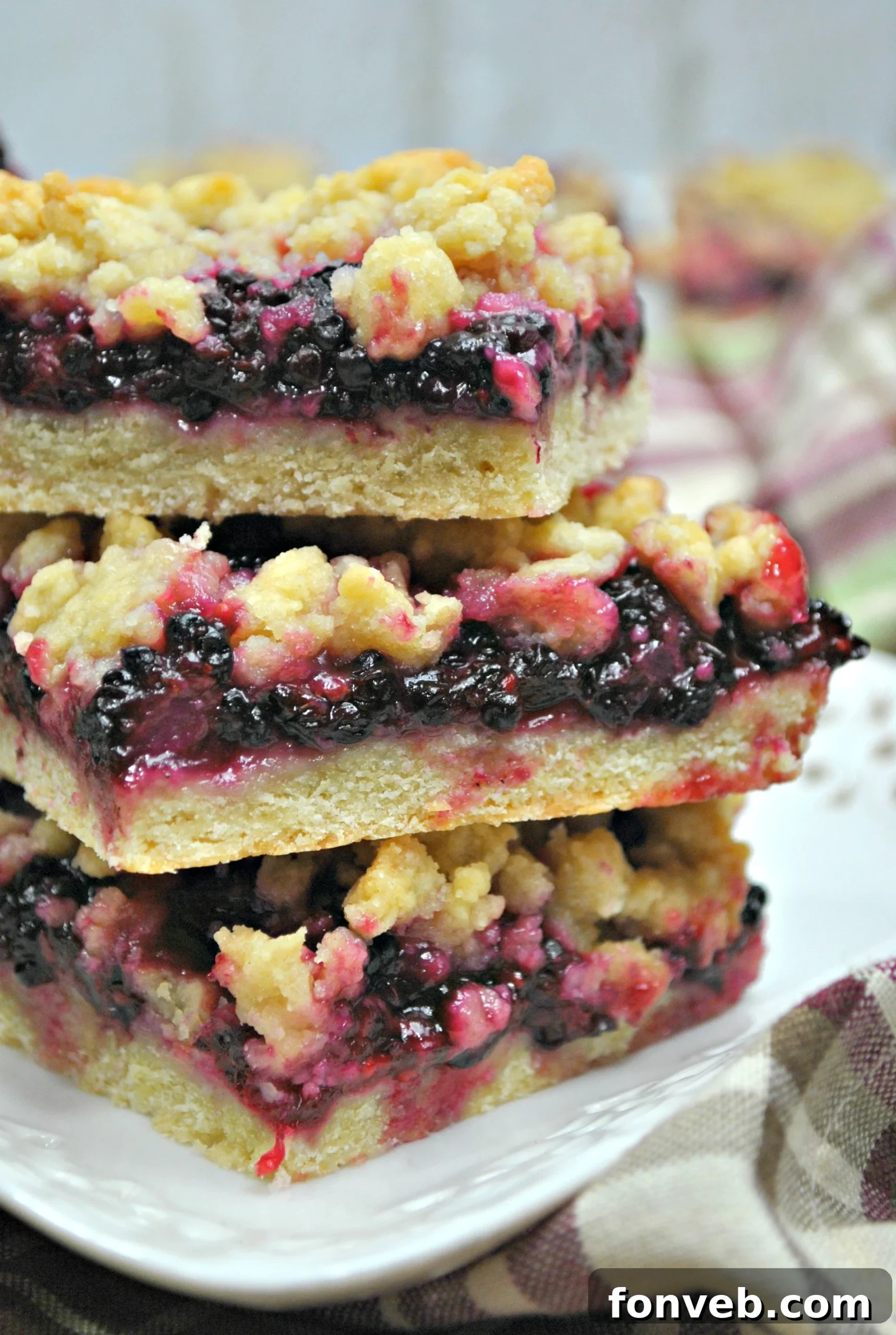 Jammy Blackberry Crumble Slices 6 Overhead view of several Blackberry Pie Crumble Bars, highlighting the golden crumble.