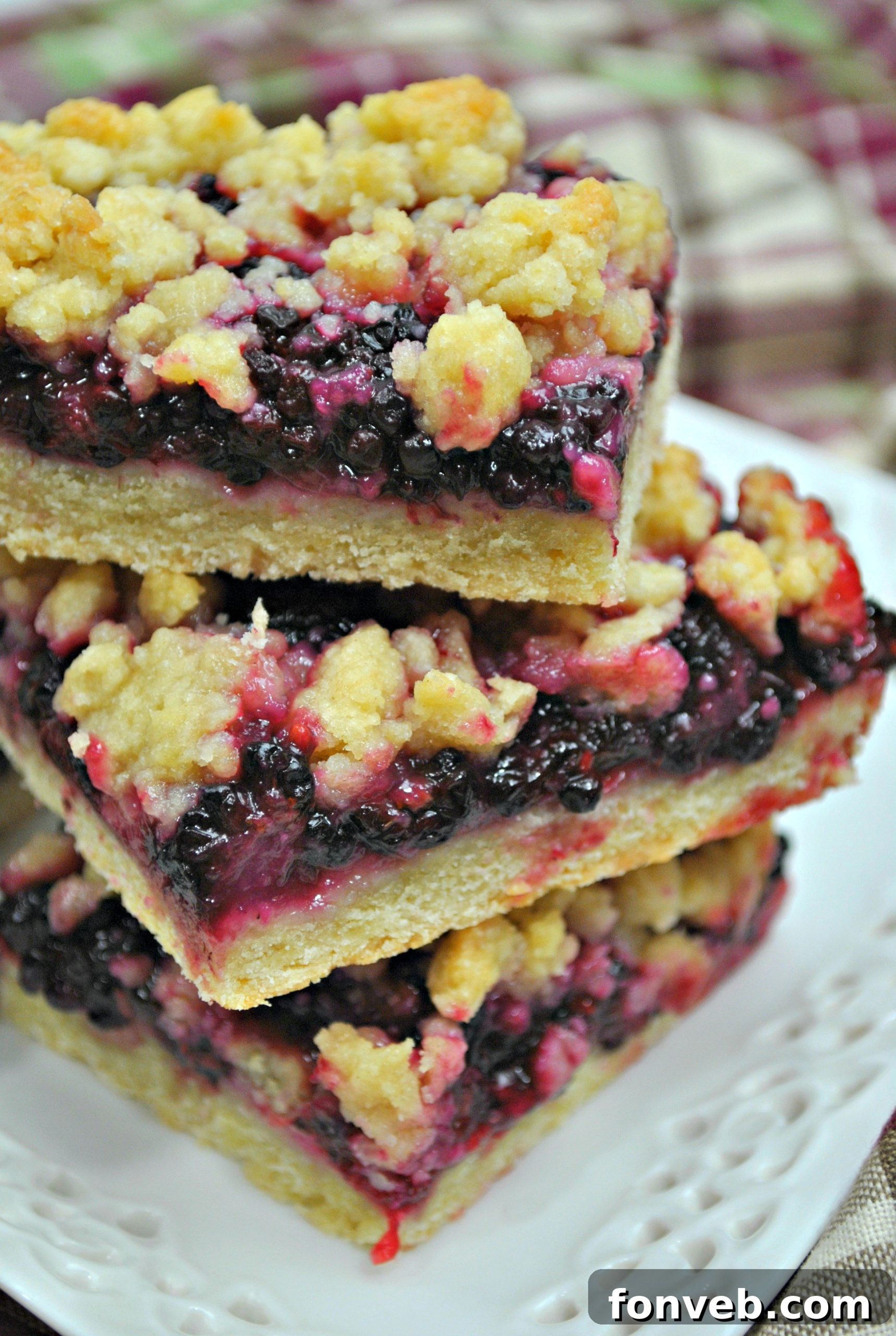 Jammy Blackberry Crumble Slices 8 Another close-up of Blackberry Pie Crumble Bars, highlighting their rustic charm and ease of preparation.