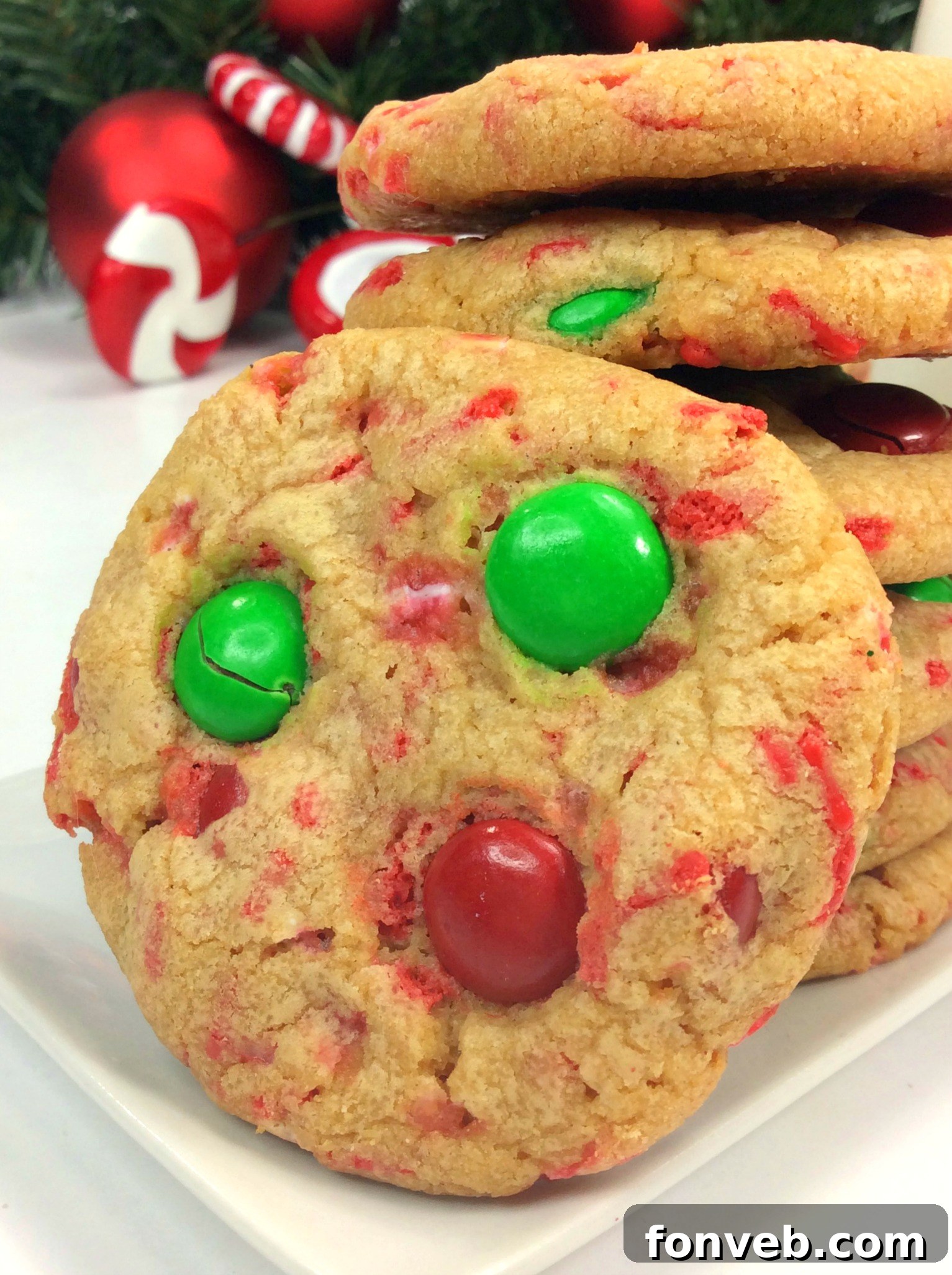 Spiced Christmas Pudding Cookies 2 Close-up of baked Christmas Pudding Cookies with M&Ms and sprinkles