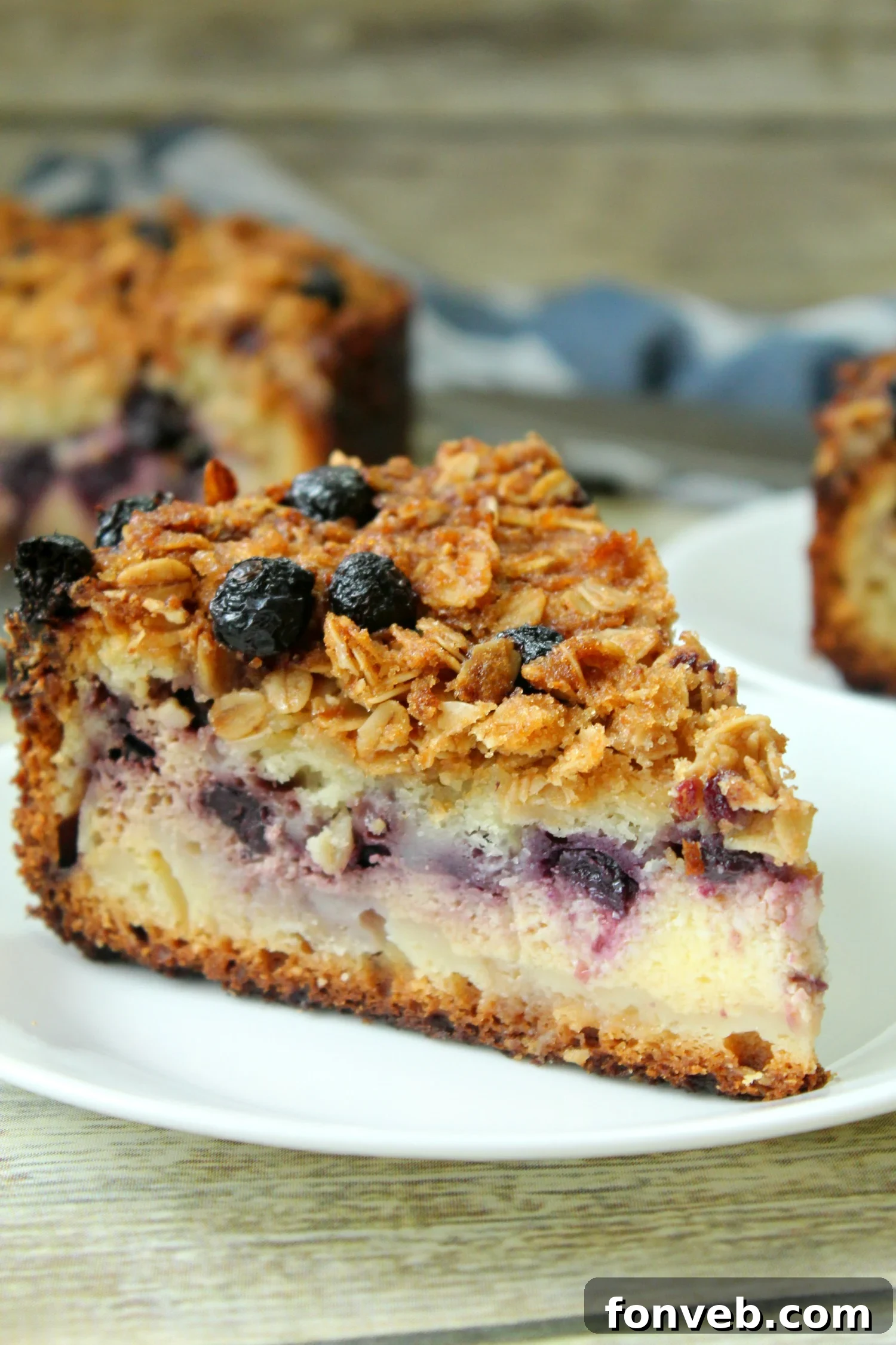 A beautifully baked slice of blueberry cream cheese coffeecake with a rich, golden oat topping and visible layers of cake, creamy cheese, and blueberries.