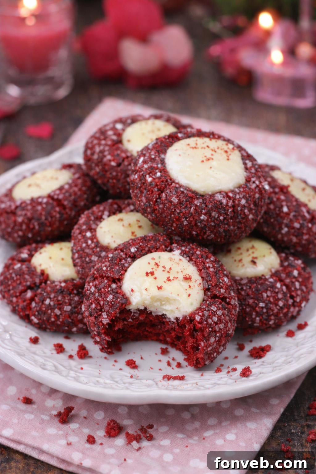 A stack of Red Velvet Cheesecake Thumbprint Cookies on a pristine white plate, ready to be enjoyed