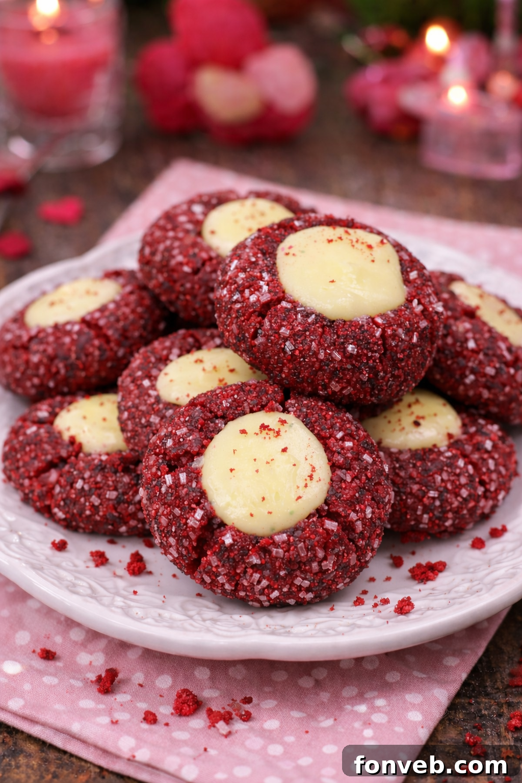 A close-up of Red Velvet Cheesecake Thumbprint Cookies piled high on a white plate, ready for serving