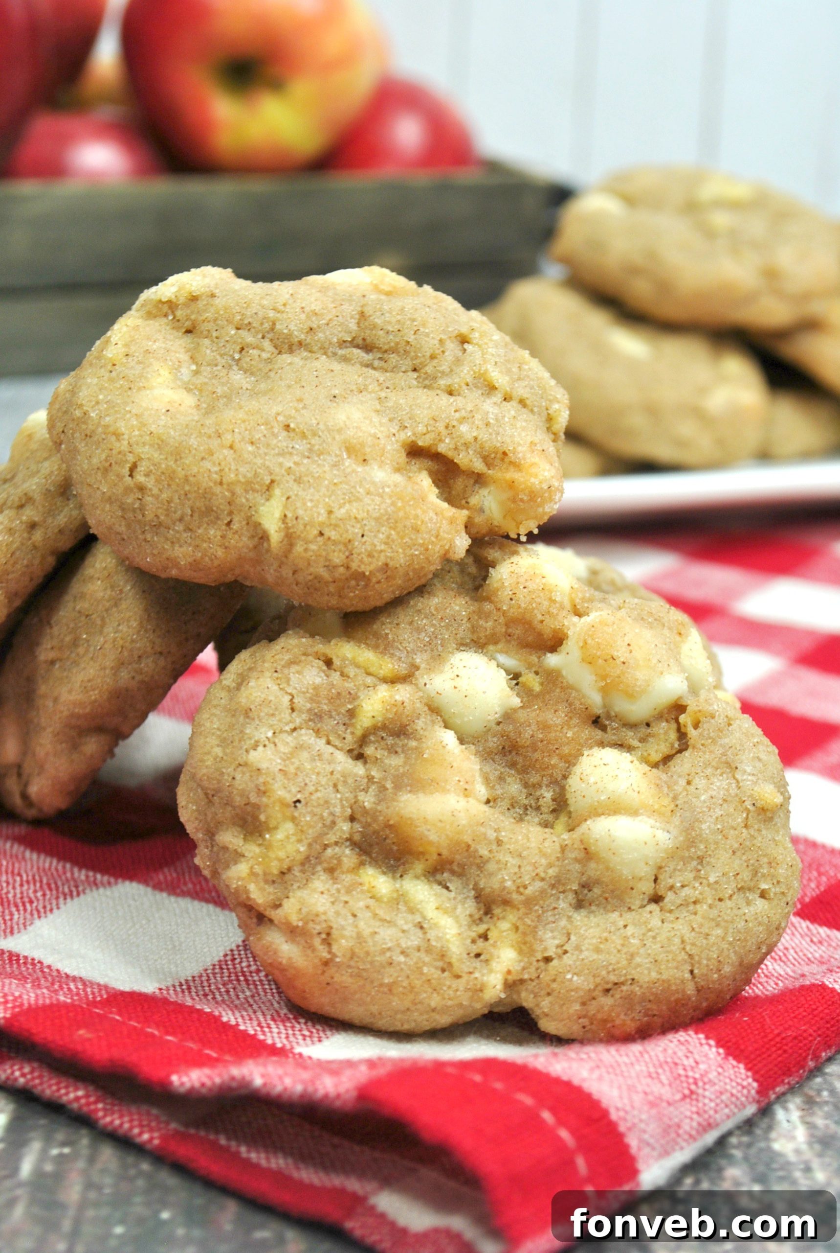 Close-up of a White Chocolate Snickerdoodle cookie with a bite taken out, revealing the soft interior and melted white chocolate chips.