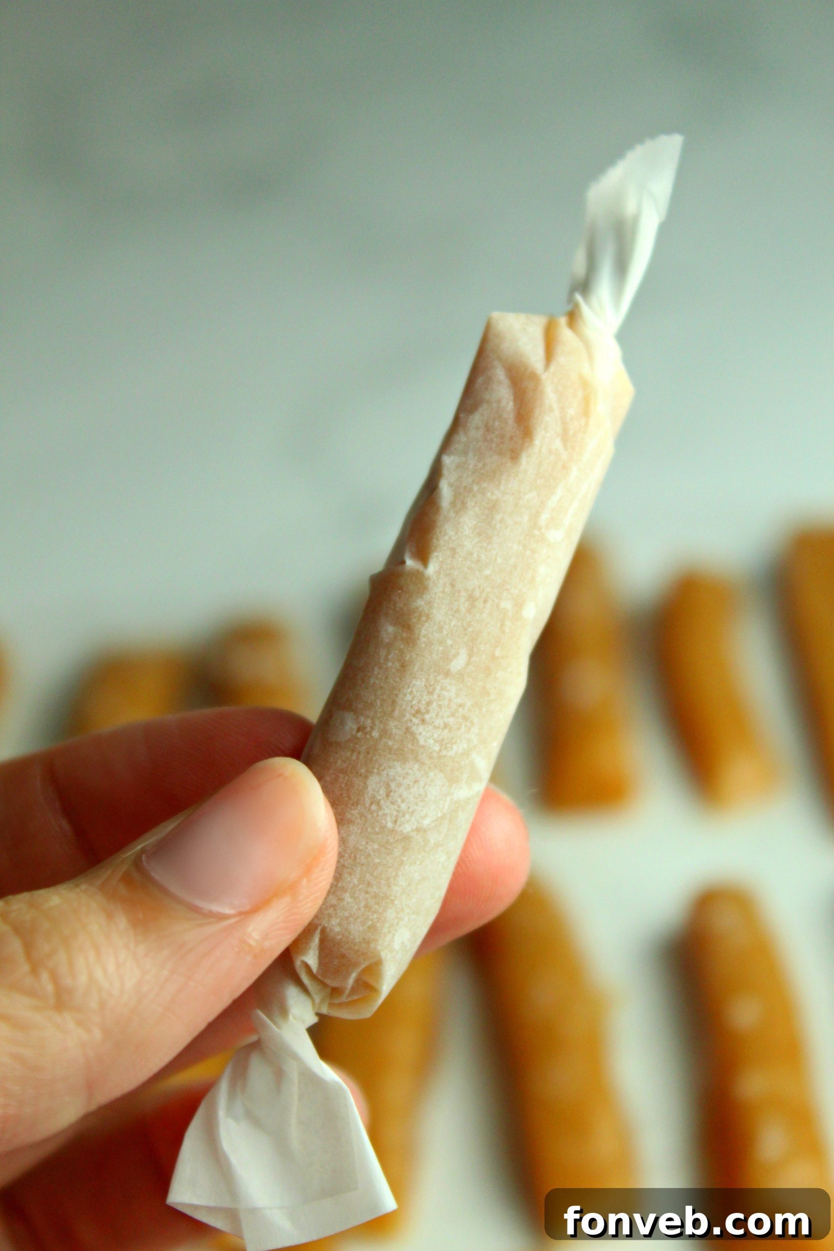 Handcrafted Salted Caramel Bliss 9 A final shot of homemade salted caramels wrapped individually in parchment paper.