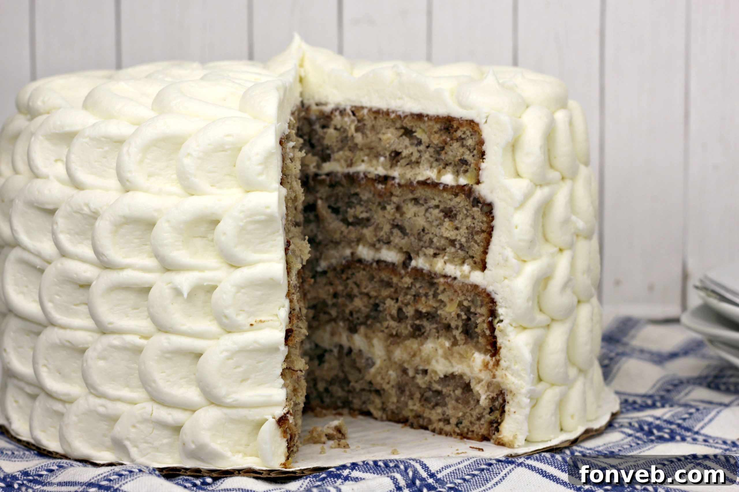 Southern Hummingbird Cake with Luscious Cream Cheese Frosting 5 Another perspective of the assembled Hummingbird Cake with frosting