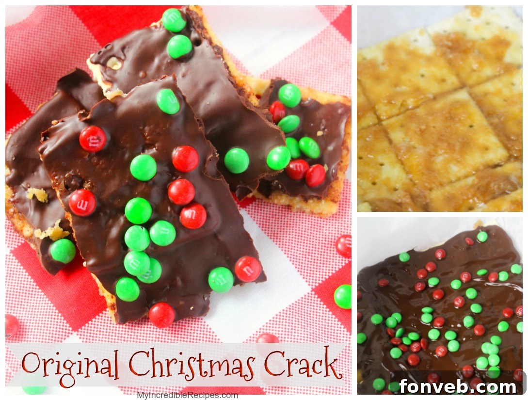 Close-up of freshly made Christmas Crack with chocolate and colorful M&Ms, ready to be served on a festive platter.