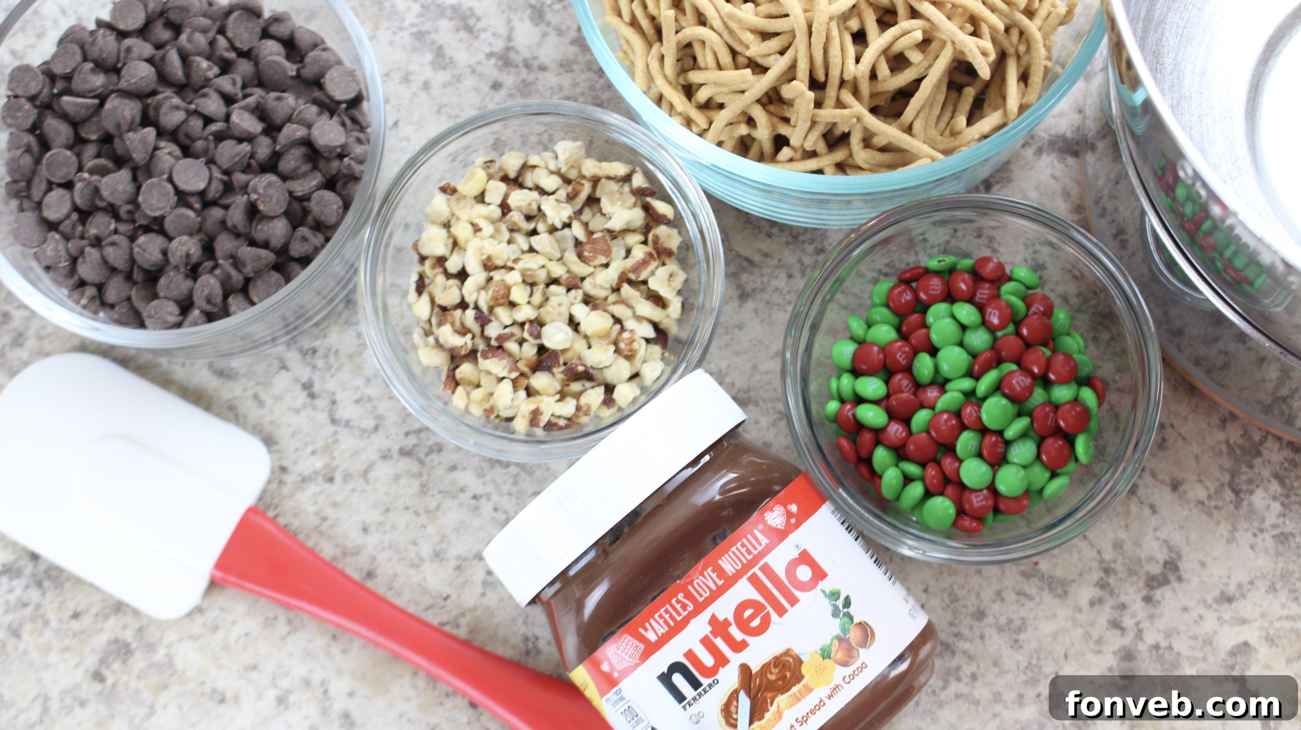 Close-up of chocolate haystacks with vibrant M&Ms