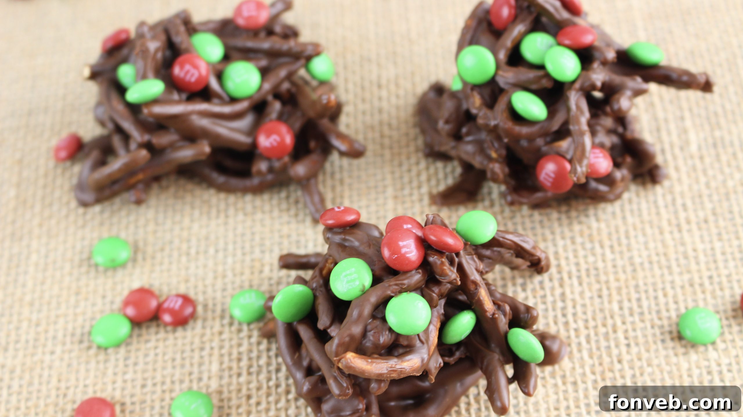 A tray of chocolate haystacks topped with M&Ms