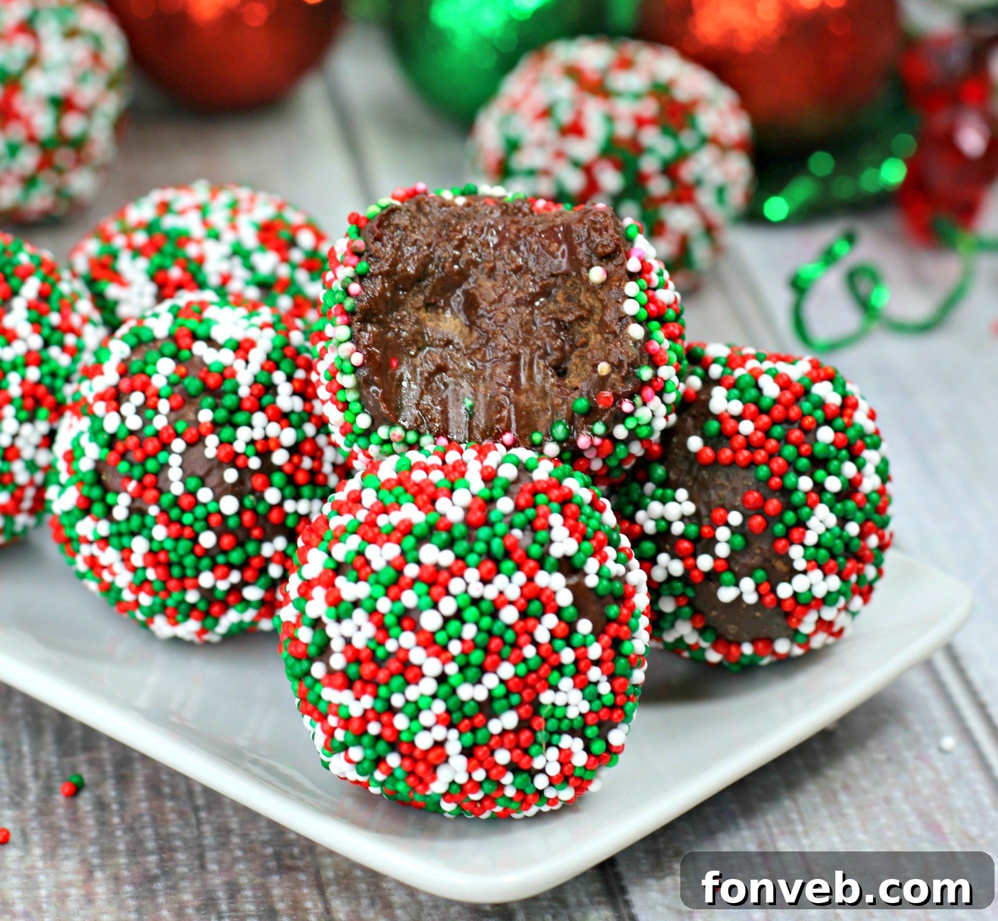 Luscious No Bake Chocolate Kahlua Truffles with colorful sprinkles, ready to be enjoyed.