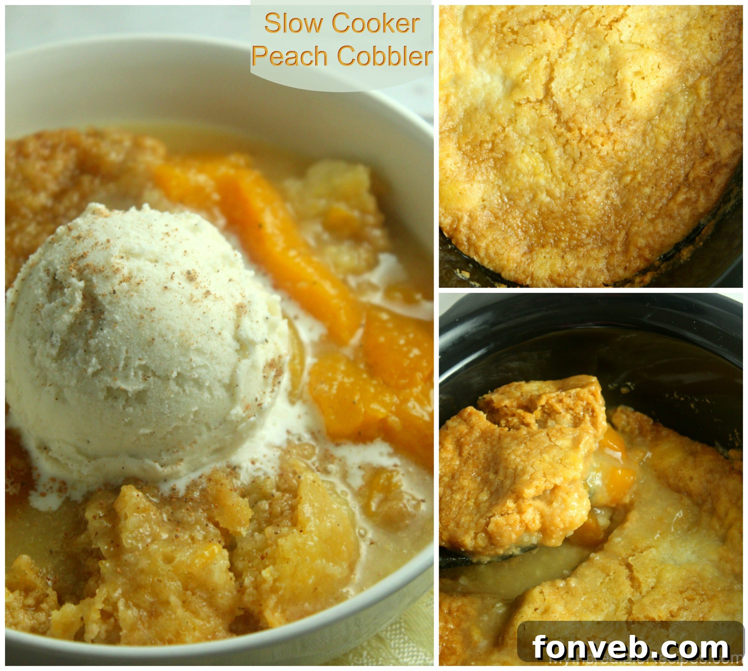 Crockpot Peach Perfection 10 Close up of a spoonful of peach cobbler with melted ice cream
