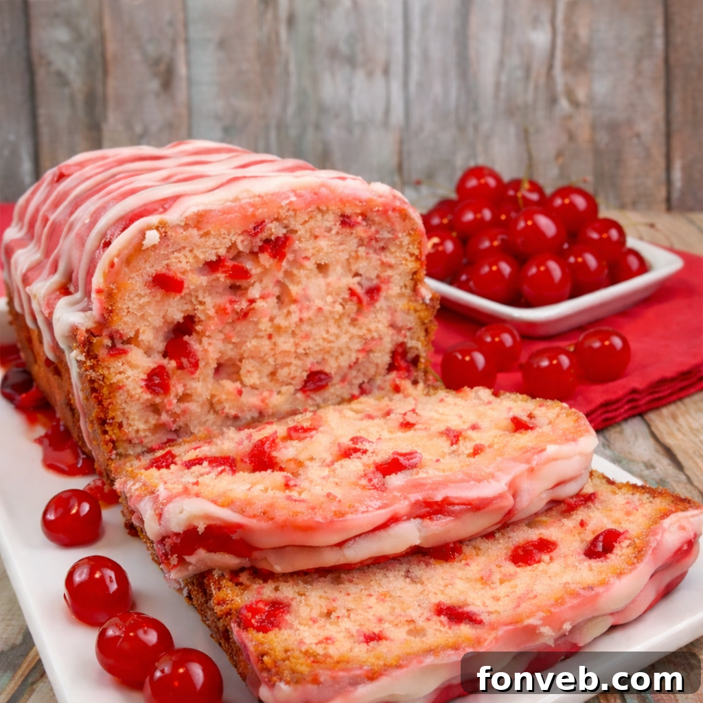 Cherry Garcia Loaf Cake on a white serving plate 