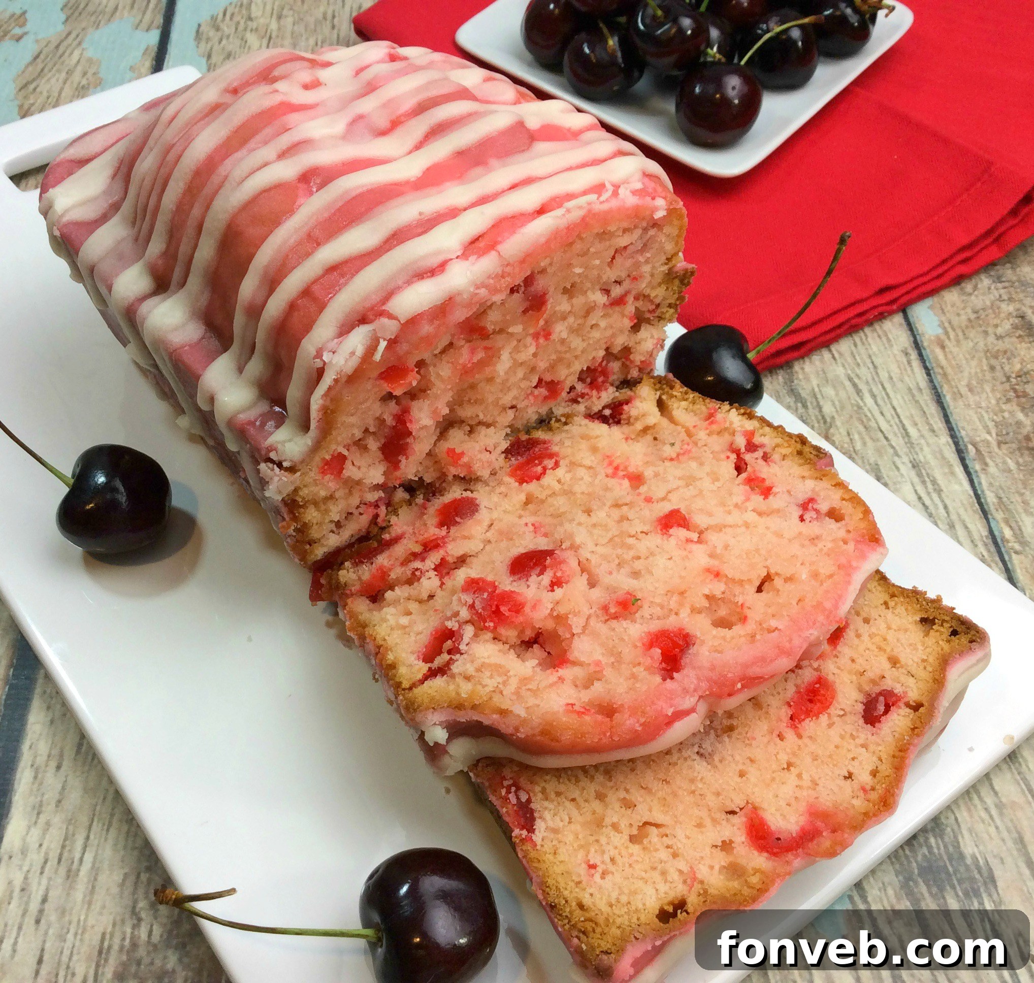 Cherry Garcia Loaf Cake on a white serving plate