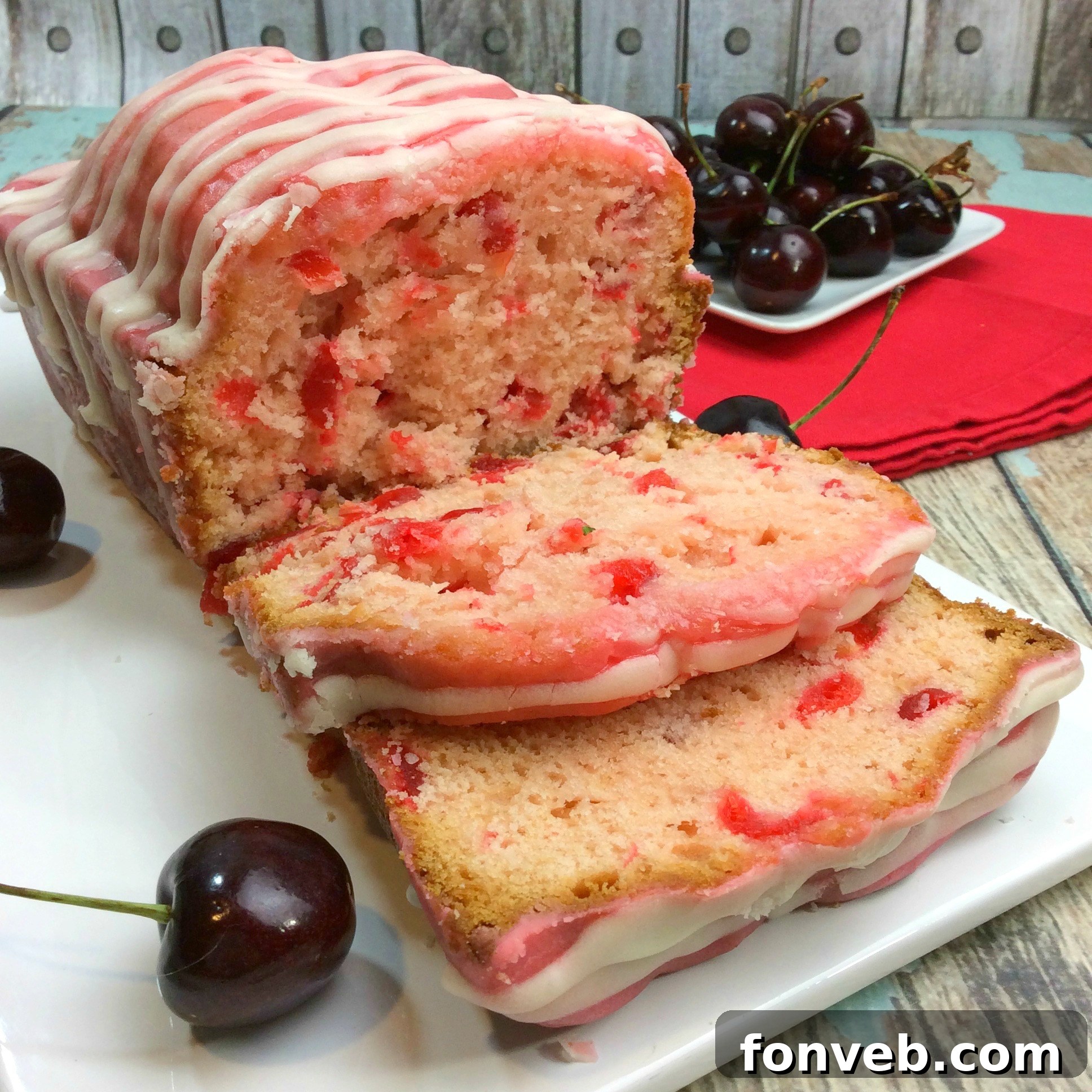 Cherry Garcia Loaf Cake on a white serving plate