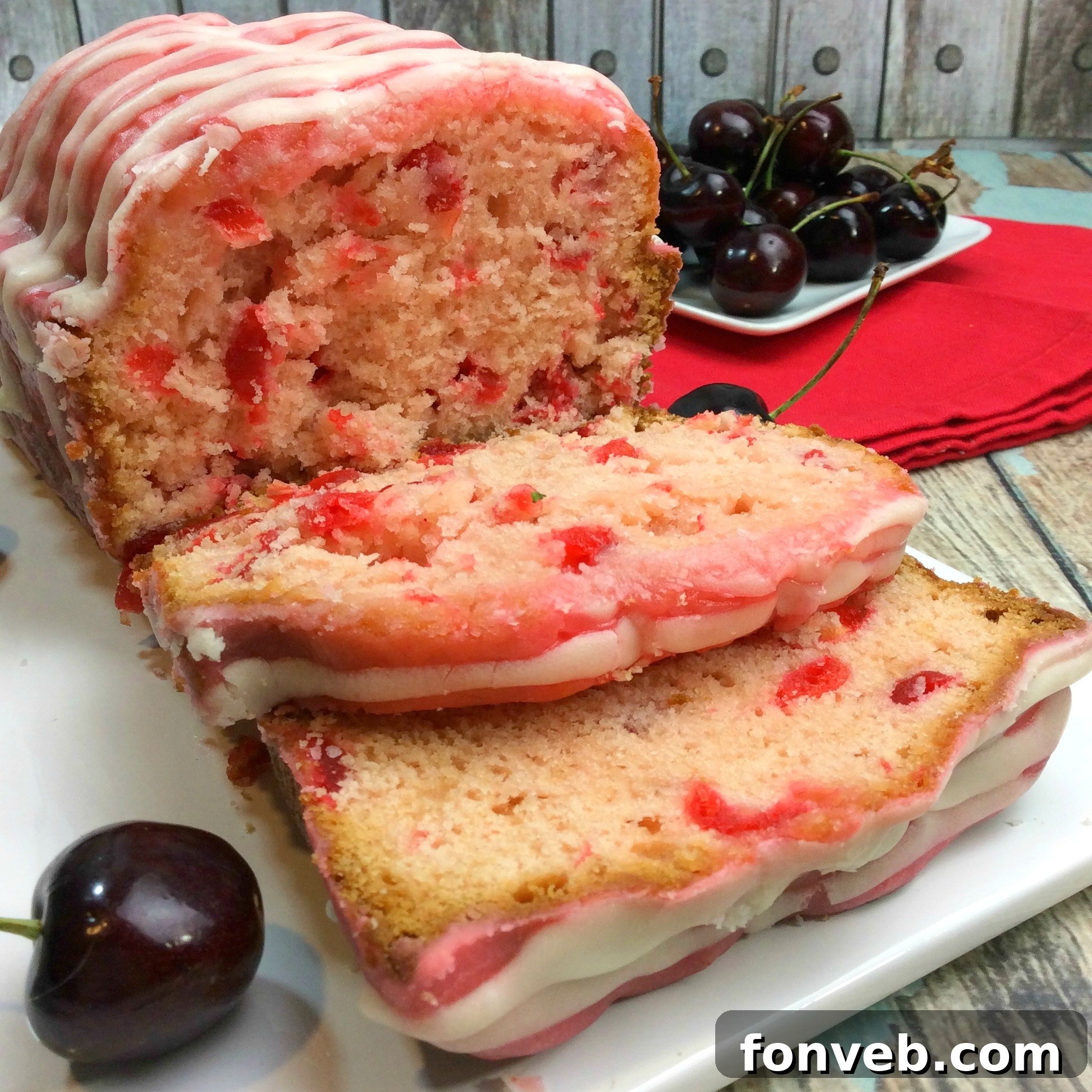 Cherry Garcia Loaf Cake on a white serving plate