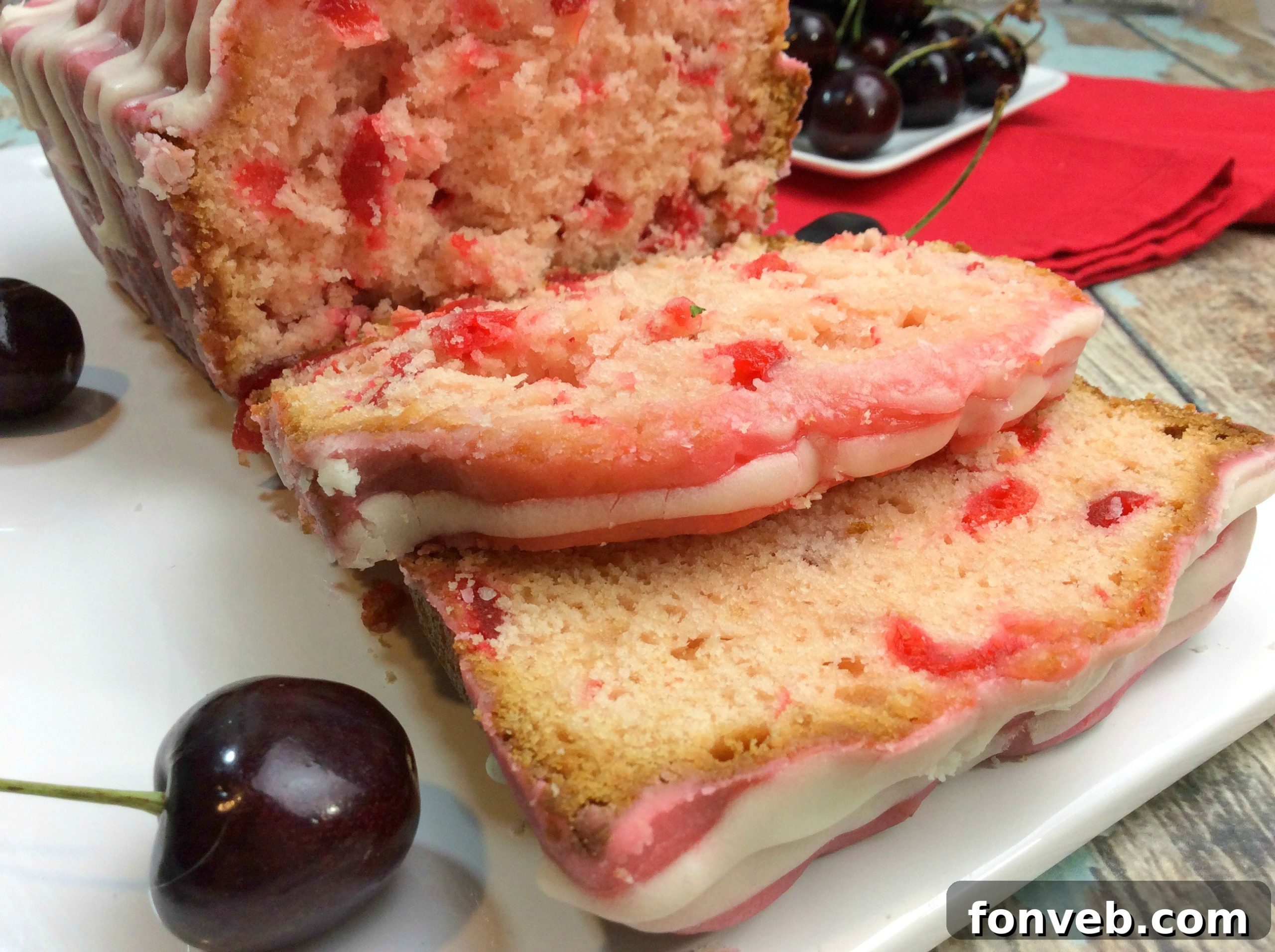 Cherry Garcia Loaf Cake on a white serving plate