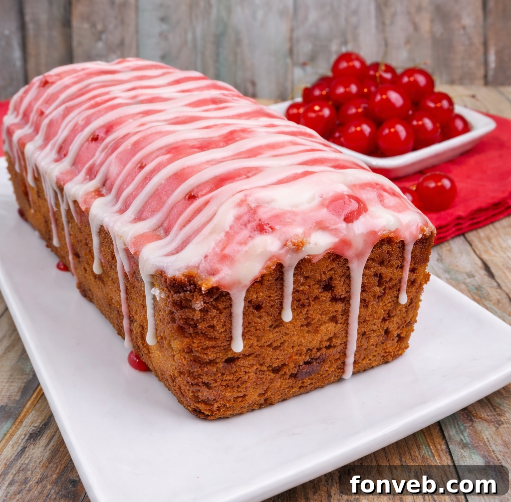 Cherry Garcia Loaf Cake on a white serving plate uncut 