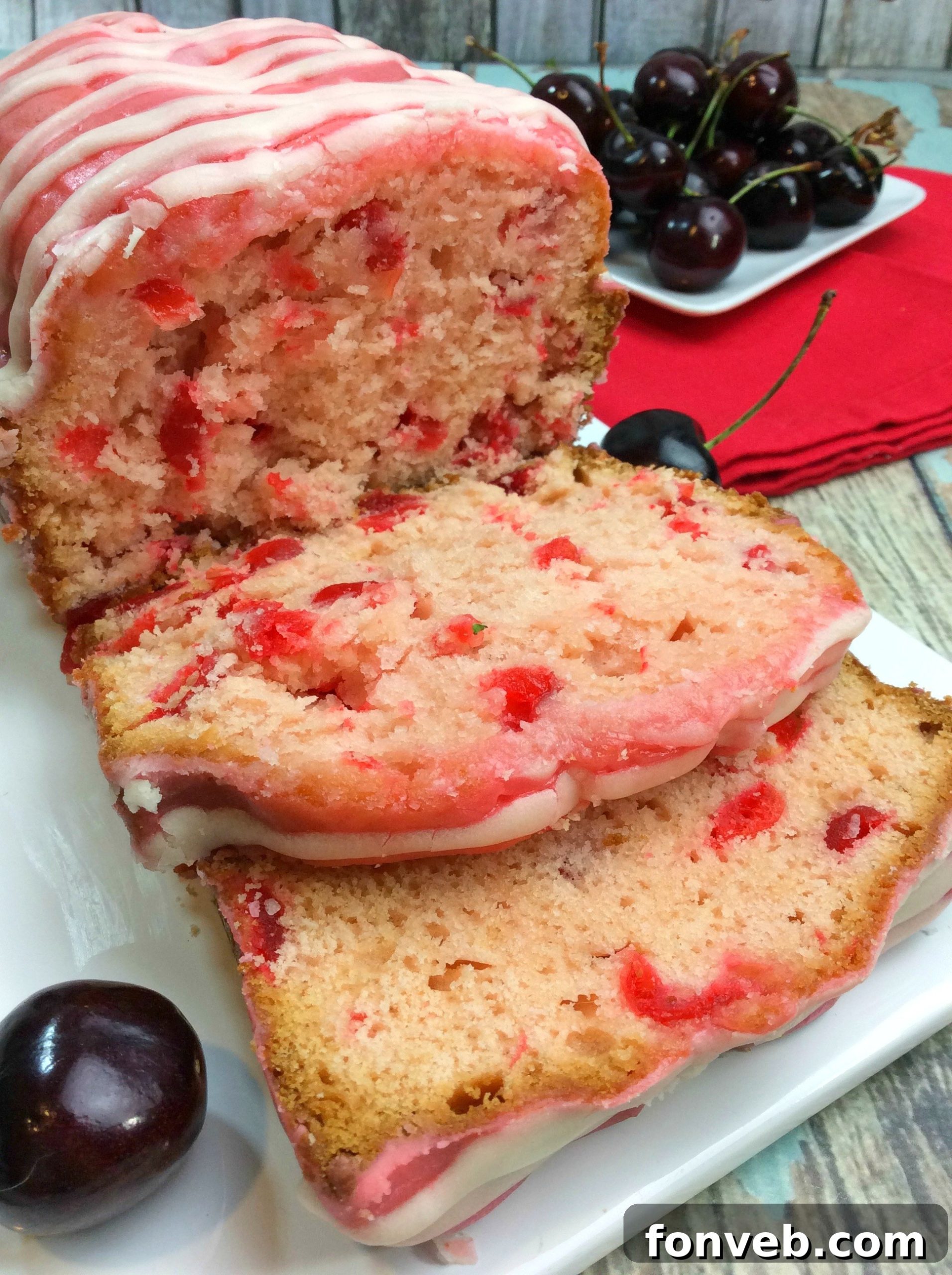 Cherry Garcia Loaf Cake on a white serving plate