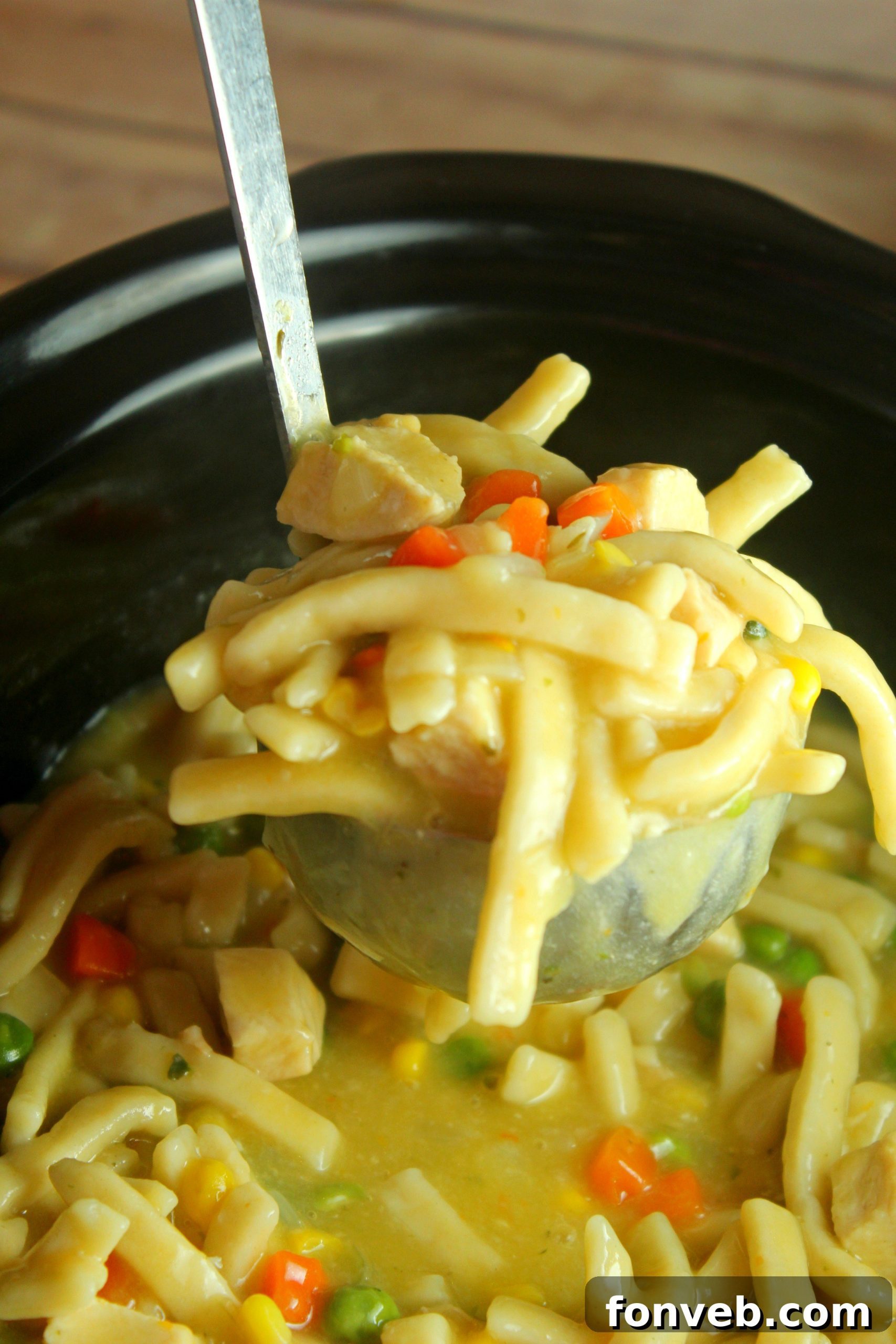 Close-up of a creamy chicken noodle soup in a bowl with a spoon