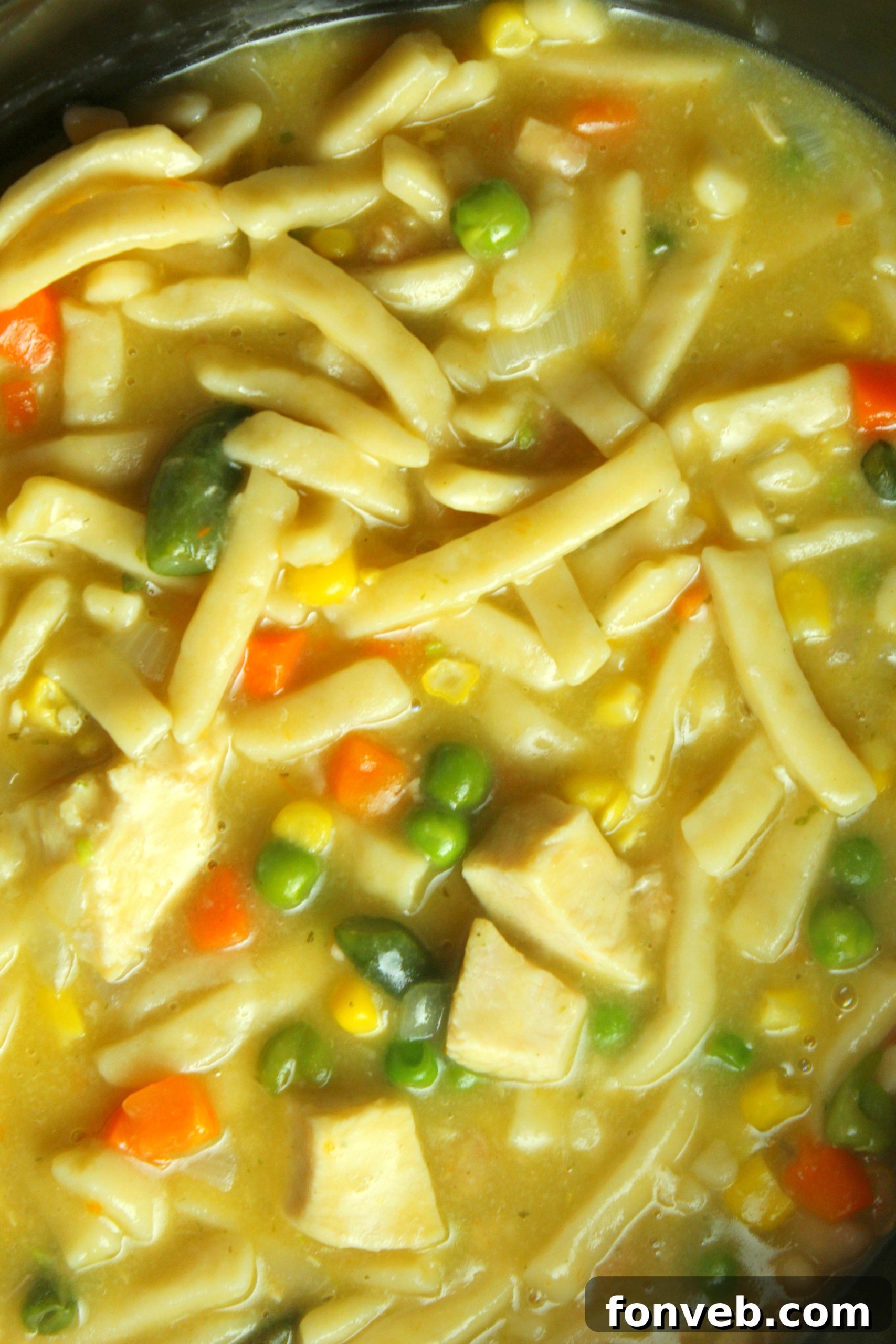 Serving of chicken noodle soup garnished with fresh parsley
