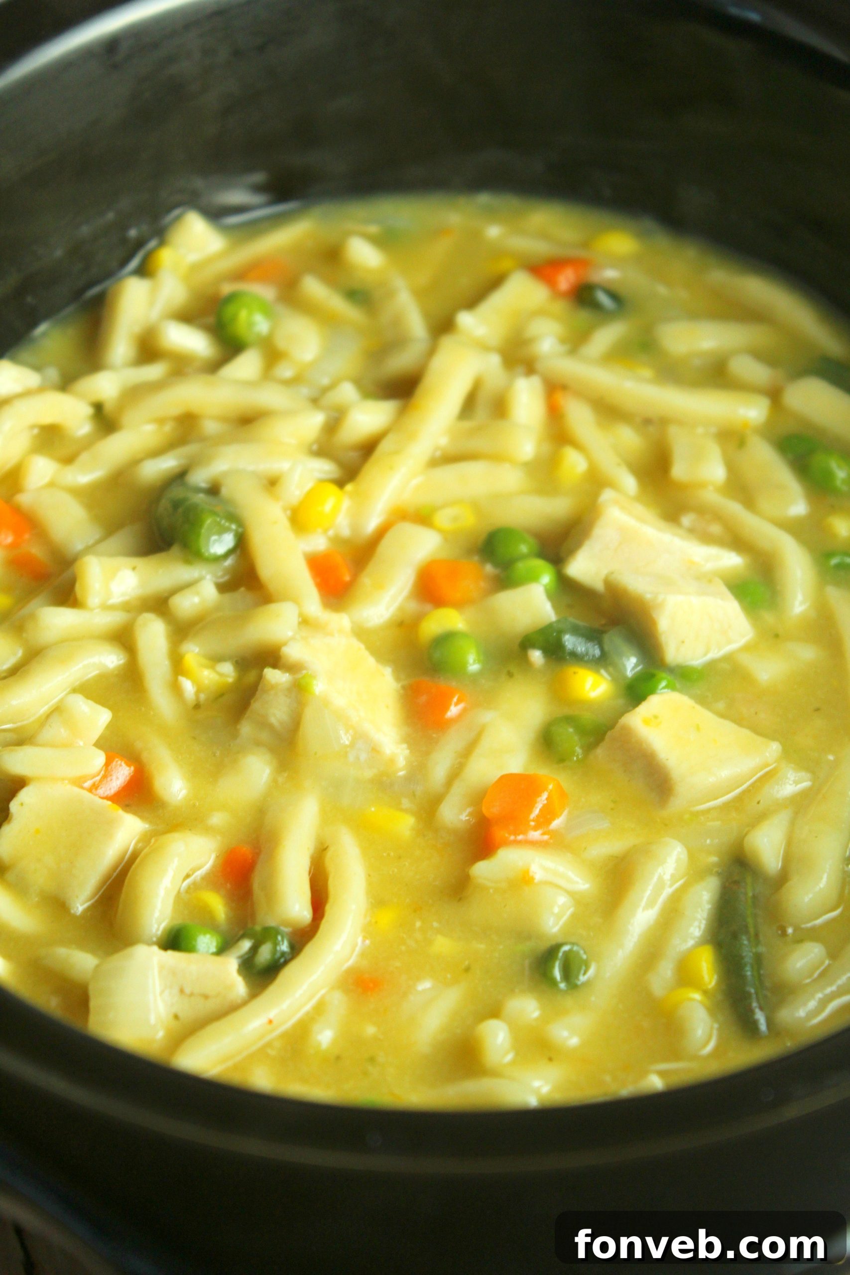 A bowl of slow cooker chicken noodle soup with a crusty bread side
