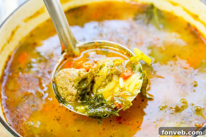 Rustic Tuscan Meatball Soup 7 A side view of a steaming bowl of Tuscan Meatball Soup, showcasing its rich texture with meatballs, orzo, and kale in a savory broth.