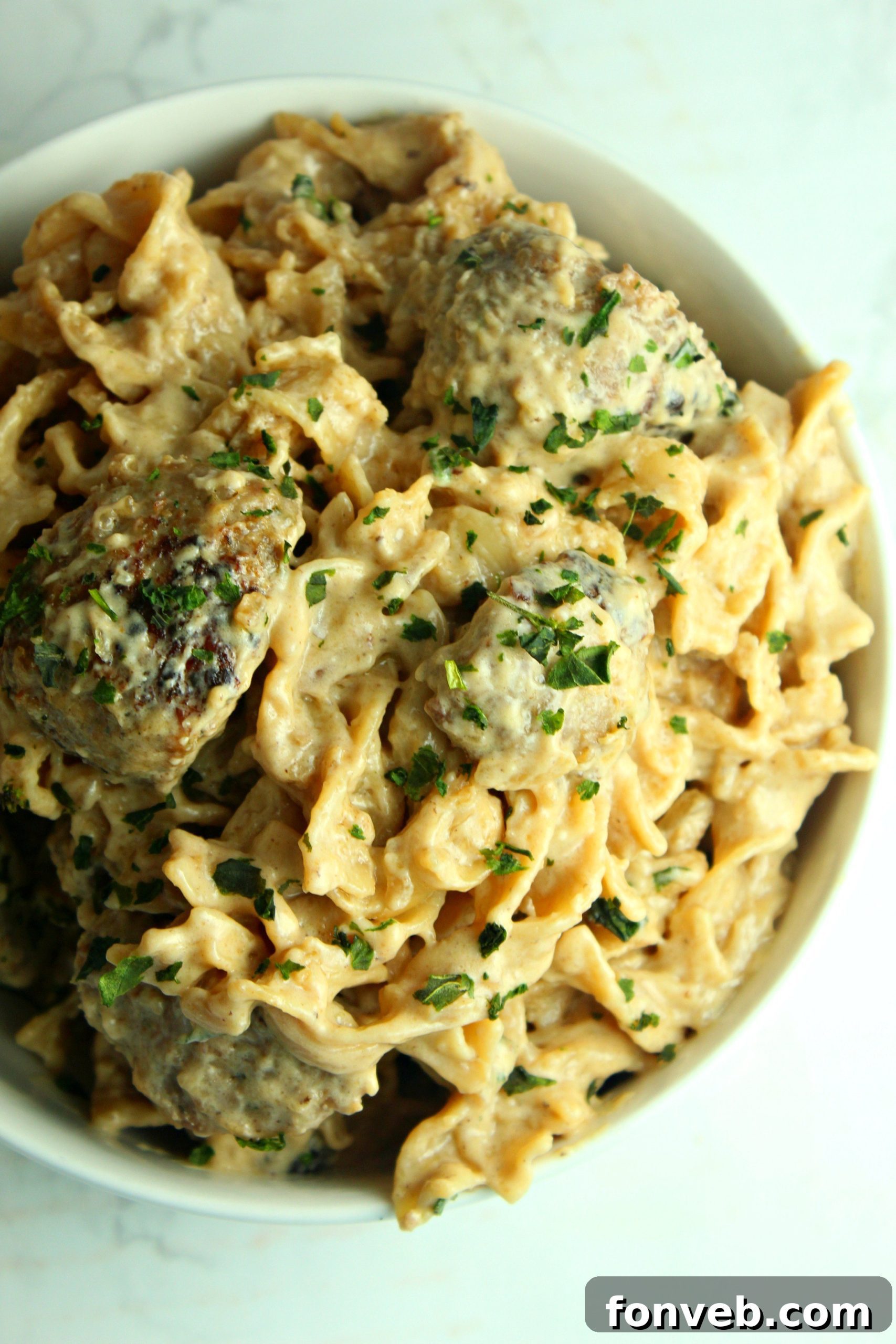 Velvety French Onion Sausage Pasta 7 A delicious bowl of Creamy French Onion Sausage Pasta, ready to eat.