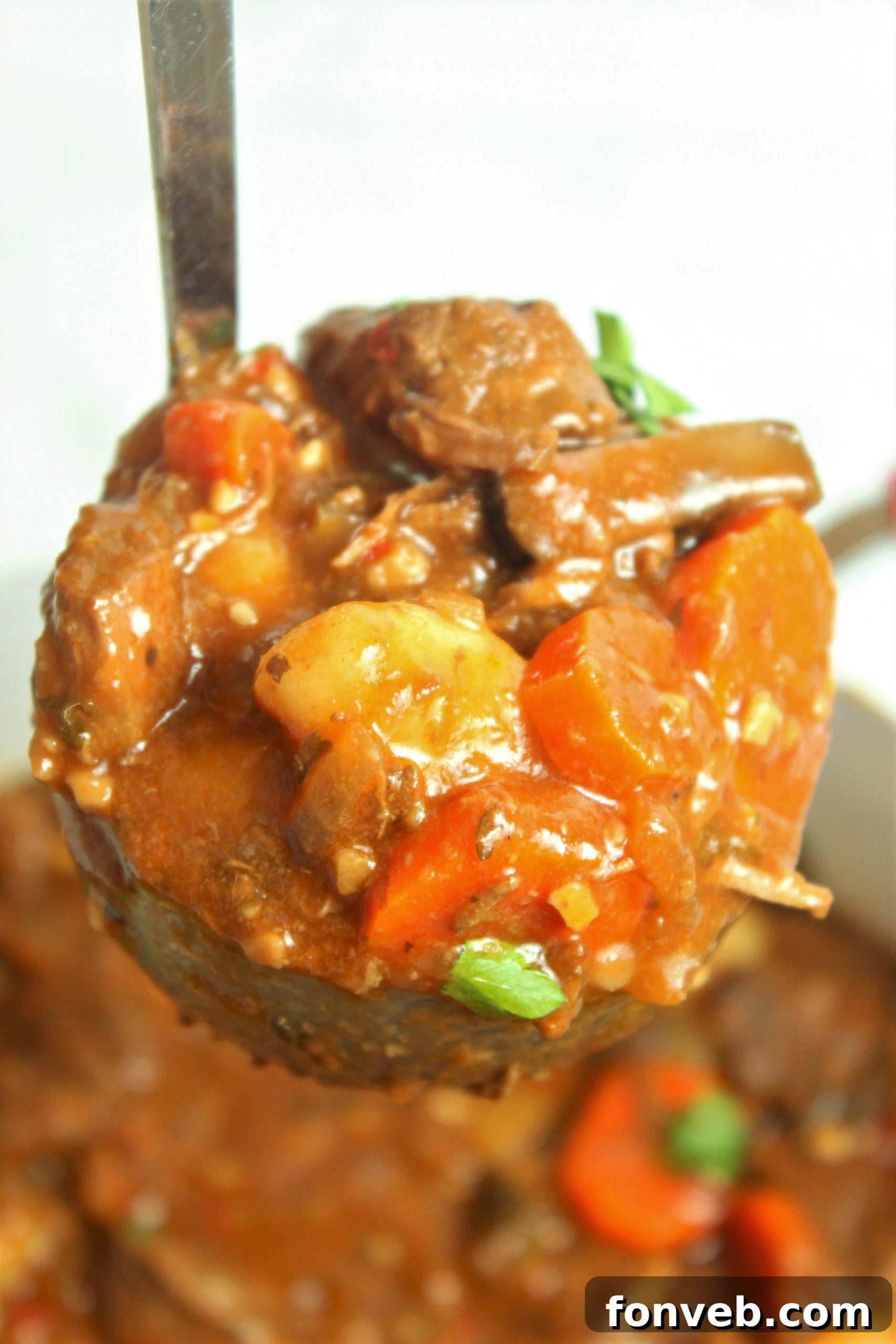 A cozy scene with a bowl of chunky beef and gnocchi soup, emphasizing comfort and warmth.