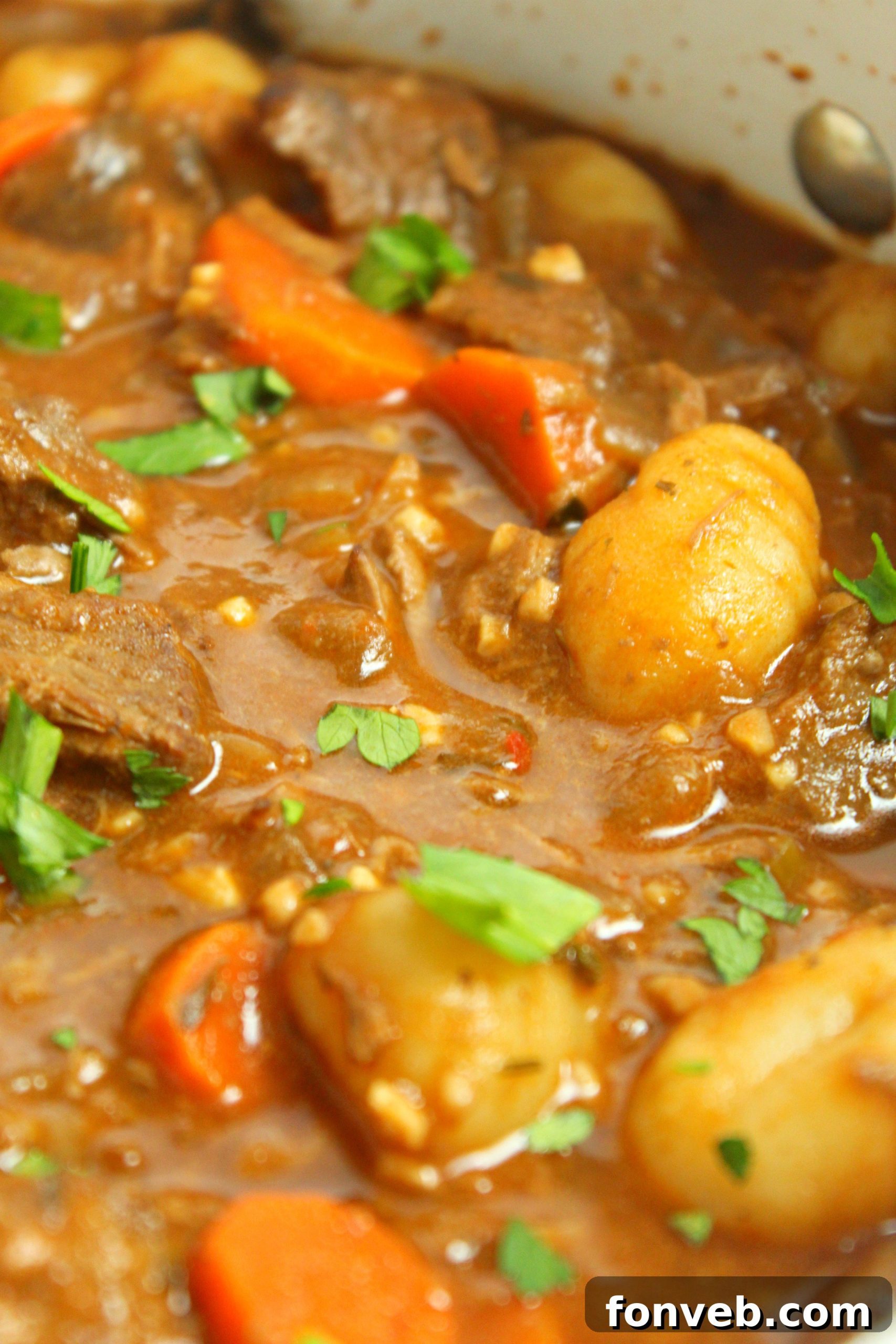 A close-up of chunky beef and gnocchi soup with a side of crusty bread for dipping.